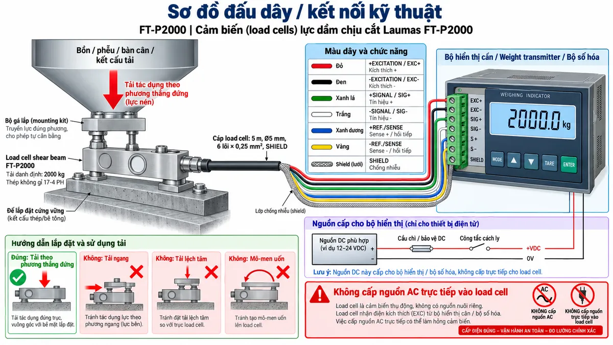 Sơ đồ đấu dây/kết nối kỹ thuật cho Laumas FT-P2000 trên nền trắng, bố cục ngang. Bên trái thể hiện bồn, phễu, bàn cân hoặc kết cấu tải tác động thẳng đứng qua bộ gá phù hợp tới load cell shear beam FT-P2000 tải danh định 2000 kg ở giữa, thân bằng thép không gỉ 17-4 PH. Thể hiện bộ gá giúp truyền lực đúng phương và ghi chú hạn chế tải ngang, lệch tâm và mô-men uốn. Từ FT-P2000 vẽ cáp 5 m, đường kính 5 mm, 6 lõi × 0,25 mm² cùng SHIELD sang bộ hiển thị cân, Weight transmitter hoặc bộ số hóa ở bên phải. Đấu +EXCITATION/EXC+ màu đỏ và -EXCITATION/EXC- màu đen từ thiết bị điện tử cân tới load cell; +SIGNAL/SIG+ màu xanh lá và -SIGNAL/SIG- màu trắng từ load cell trở về thiết bị; +REF./SENSE màu xanh dương và -REF./SENSE màu vàng là đường sense hồi tiếp; thể hiện SHIELD chống nhiễu. Phía dưới vẽ nguồn DC phù hợp cấp riêng cho bộ điện tử cân qua cầu chì hoặc thiết bị bảo vệ DC và công tắc cách ly, sau đó mới cấp vào thiết bị điện tử; ghi chú rõ không cấp nguồn AC trực tiếp vào load cell.