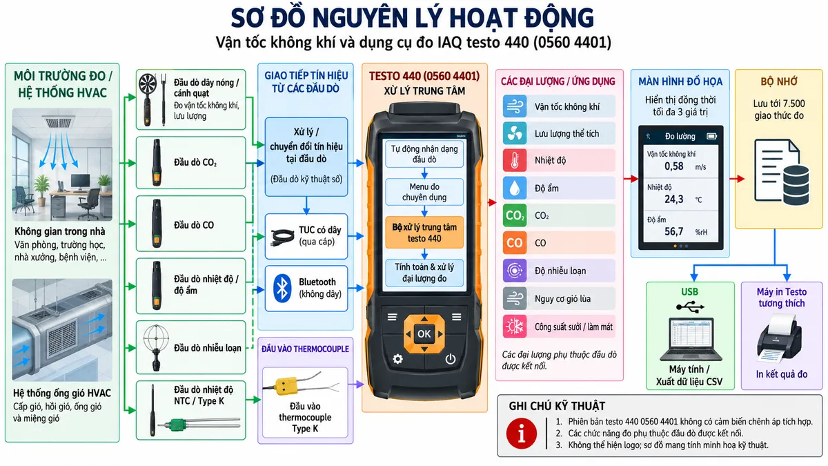 Vẽ sơ đồ nguyên lý hoạt động dạng khối cho vận tốc không khí và dụng cụ đo IAQ testo 440 mã 0560 4401 trên nền trắng, bố cục ngang. Bên trái là môi trường phòng và hệ thống HVAC/ống gió → chia thành các nhóm đầu dò tương thích: đầu dò dây nóng hoặc cánh quạt đo vận tốc/lưu lượng; đầu dò CO₂; đầu dò CO; đầu dò nhiệt độ/độ ẩm; đầu dò nhiễu loạn; đầu dò nhiệt độ NTC hoặc Type K. Các đầu dò số xử lý/chuyển đổi tín hiệu tại đầu dò → truyền qua TUC có dây hoặc Bluetooth; đầu dò Type K → đầu vào thermocouple → bộ xử lý trung tâm testo 440. Thể hiện khối tự động nhận dạng đầu dò → menu đo chuyên dụng → tính toán và xử lý các đại lượng như vận tốc không khí, lưu lượng thể tích, nhiệt độ, độ ẩm, CO₂, CO, độ nhiễu loạn, nguy cơ gió lùa và công suất sưởi/làm mát tùy đầu dò → màn hình đồ họa hiển thị đồng thời tối đa 3 giá trị → bộ nhớ tới 7.500 giao thức đo → USB → máy tính/xuất CSV; thêm nhánh tới máy in Testo tương thích. Ghi rõ các đại lượng phụ thuộc đầu dò được kết nối và phiên bản testo 440 0560 4401 không có cảm biến chênh áp tích hợp.