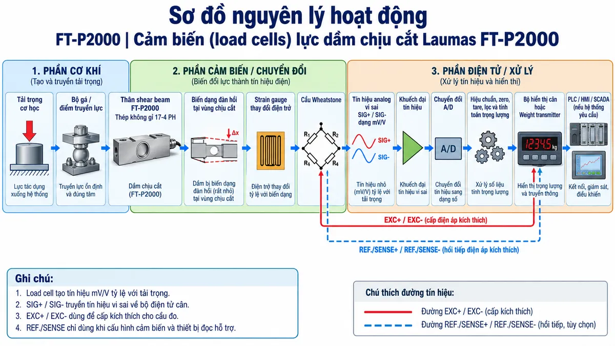 Sơ đồ nguyên lý hoạt động dạng khối của Laumas FT-P2000 trên nền trắng, bố cục ngang. Luồng chính gồm: Tải trọng cơ học → Bộ gá/điểm truyền lực → Thân shear beam FT-P2000 bằng thép không gỉ 17-4 PH → Biến dạng đàn hồi tại vùng chịu cắt → Strain gauge thay đổi điện trở → Cầu Wheatstone → Tín hiệu analog vi sai SIG+/SIG- dạng mV/V → Khuếch đại tín hiệu → Chuyển đổi A/D → Hiệu chuẩn, zero, tare, lọc và tính toán trọng lượng → Bộ hiển thị cân hoặc Weight transmitter → PLC/HMI/SCADA nếu hệ thống yêu cầu. Vẽ nhánh EXC+/EXC- từ bộ điện tử cân cấp điện áp kích thích tới cầu Wheatstone và nhánh REF./SENSE+/REF./SENSE- hồi tiếp điện áp kích thích từ load cell về thiết bị điện tử. Thể hiện bằng mũi tên rõ hướng truyền lực, tín hiệu và đường kích thích.