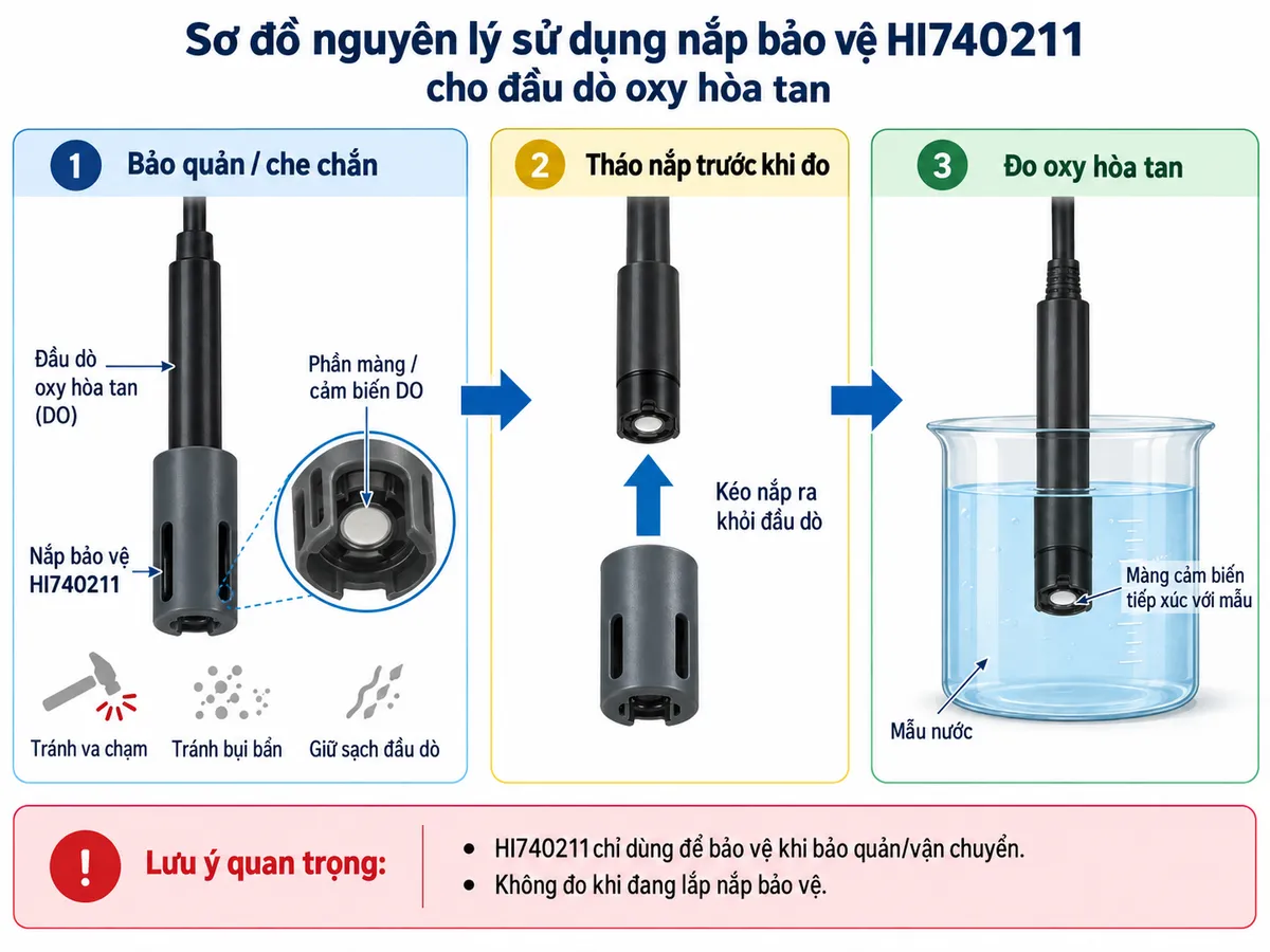 Sơ đồ nguyên lý HI740211 che chắn phần đầu cảm biến DO khi bảo quản, sau đó tháo nắp trước khi đưa màng cảm biến tiếp xúc với mẫu nước để đo oxy hòa tan