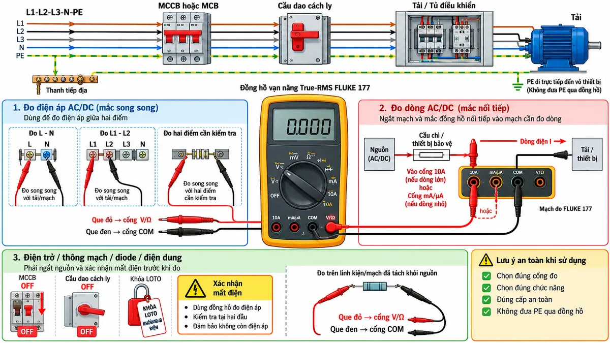 Sơ đồ đấu dây/kết nối kỹ thuật của đồng hồ vạn năng True-RMS FLUKE 177 trên nền trắng, bố cục ngang, chú thích tiếng Việt. Phía trên thể hiện nguồn công nghiệp L1-L2-L3-N-PE → MCCB hoặc MCB phù hợp → cầu dao cách ly → tải hoặc tủ điều khiển; dây PE đi trực tiếp từ thanh tiếp địa tới vỏ thiết bị, tuyệt đối không đi qua đồng hồ. Ở trung tâm đặt FLUKE 177 với các cổng đầu vào “10A”, “mA/µA”, “COM” và “V/Ω”. Nhánh “Đo điện áp AC/DC”: que đỏ vào V/Ω, que đen vào COM và mắc song song L-N, L1-L2 hoặc hai điểm cần kiểm tra. Nhánh “Đo dòng AC/DC”: nguồn → cầu chì hoặc thiết bị bảo vệ → cổng 10A hoặc mA/µA theo dải đo → mạch đo FLUKE 177 → COM → tải, thể hiện mắc nối tiếp và chiều dòng. Nhánh “Điện trở / thông mạch / diode / điện dung”: MCCB OFF, cầu dao cách ly OFF, khóa LOTO và xác nhận mất điện trước khi đo. Thể hiện rõ chọn đúng cổng, đúng chức năng, đúng cấp an toàn và không đưa PE qua đồng hồ; không tạo nhánh nhiệt độ hoặc bộ lọc VFD vì FLUKE 177 không có các chức năng đó.
