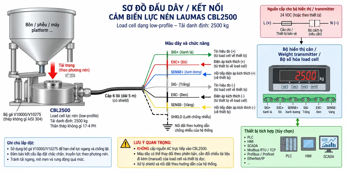 Vẽ sơ đồ đấu dây/kết nối kỹ thuật cho cảm biến lực nén low-profile Laumas CBL2500 trên nền trắng, bố cục ngang. Bên trái thể hiện platform, máy, bồn hoặc phễu truyền tải trọng cơ học theo phương nén xuống load cell CBL2500 tải danh định 2500 kg. Ở giữa thể hiện CBL2500 dạng low-profile, thân thép không gỉ 17-4 PH và cáp tích hợp dài 5 m, cấu hình 6 lõi có shield đi sang bộ hiển thị cân, weight transmitter hoặc bộ số hóa load cell ở bên phải. Thể hiện +SIGNAL/SIG+ màu xanh lá, +EXCITATION/EXC+ màu đỏ, +REF./SENSE/SENSE+ màu xanh dương, -SIGNAL/SIG- màu trắng, -EXCITATION/EXC- màu đen, -REF./SENSE/SENSE- màu vàng và SHIELD. Dùng mũi tên chỉ EXC+/EXC- từ thiết bị điện tử cân tới CBL2500, SIG+/SIG- từ CBL2500 về thiết bị xử lý và SENSE+/SENSE- hồi tiếp điện áp kích thích thực tế về thiết bị đọc. Vẽ riêng nguồn cấp phù hợp cho bộ hiển thị hoặc transmitter qua cầu chì hoặc thiết bị bảo vệ và điểm cách ly. Có thể minh họa bộ gá V10000/V10275 tương thích với dòng CBL với cơ cấu hạn chế lực ngang và chống lật khi lắp dưới bồn hoặc phễu. Ghi chú không cấp nguồn AC trực tiếp vào CBL2500, không tự gán số chân terminal mà phải đối chiếu manual đúng thiết bị đọc, shield phải được xử lý theo hướng dẫn chống nhiễu và nối đất của toàn hệ thống.