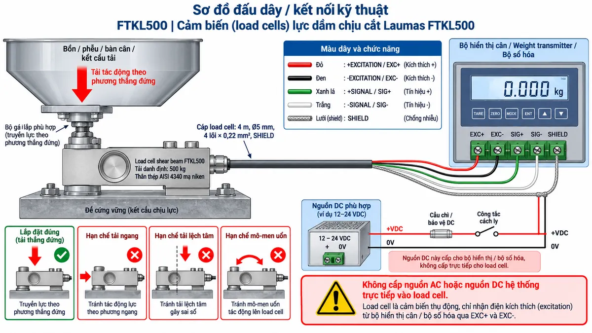 Sơ đồ đấu dây/kết nối kỹ thuật Laumas FTKL500 trên nền trắng, bố cục ngang. Bên trái thể hiện bồn, phễu, bàn cân hoặc kết cấu tải tác động theo phương thẳng đứng qua bộ gá phù hợp tới load cell shear beam FTKL500 tải danh định 500 kg ở giữa, thân thép AISI 4340 mạ niken. Thể hiện bộ gá và đế cứng vững giúp truyền lực đúng phương, kèm ghi chú hạn chế tải ngang, tải lệch tâm và mô-men uốn. Từ FTKL500 vẽ cáp dài 4 m, đường kính 5 mm, 4 lõi × 0,22 mm² cùng SHIELD sang bộ hiển thị cân, Weight transmitter hoặc bộ số hóa ở bên phải. Thể hiện +EXCITATION/EXC+ màu đỏ và -EXCITATION/EXC- màu đen từ thiết bị điện tử cân cấp kích thích tới load cell; +SIGNAL/SIG+ màu xanh lá và -SIGNAL/SIG- màu trắng từ load cell truyền tín hiệu vi sai về thiết bị; có SHIELD chống nhiễu. Không vẽ REF./SENSE vì cấu hình cáp FTKL500 là 4 lõi. Phía dưới vẽ nguồn DC phù hợp cấp riêng cho bộ điện tử cân qua cầu chì hoặc thiết bị bảo vệ DC và công tắc cách ly; ghi chú rõ không cấp nguồn AC hoặc nguồn DC hệ thống trực tiếp vào load cell.