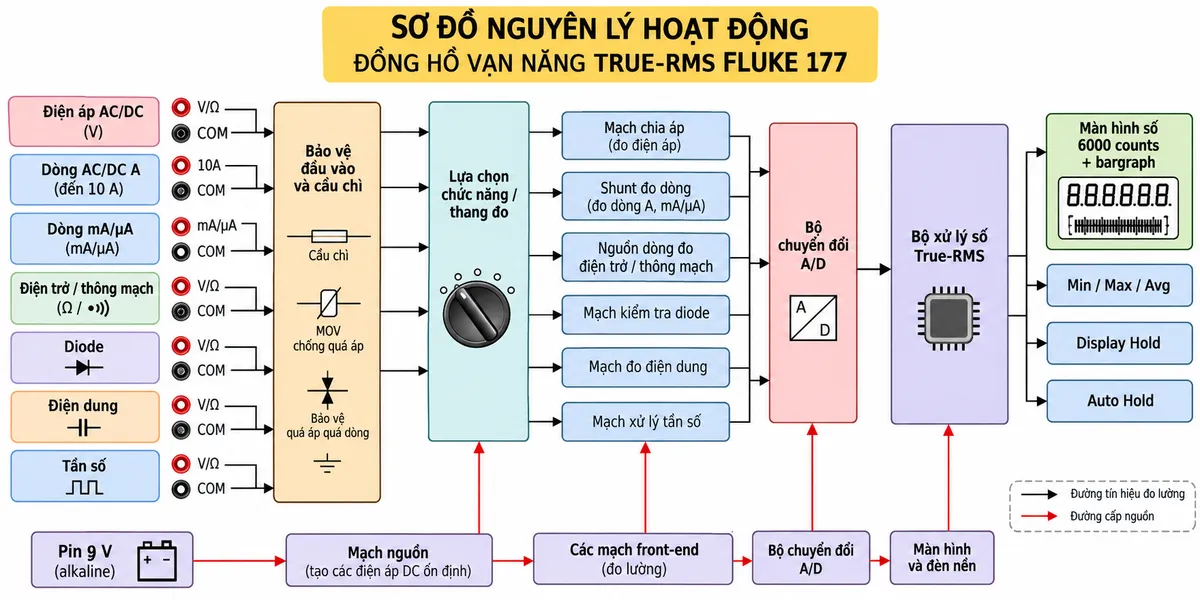 Sơ đồ nguyên lý hoạt động của đồng hồ vạn năng True-RMS FLUKE 177 trên nền trắng, bố cục ngang, chú thích tiếng Việt. Bên trái bố trí các đầu vào “Điện áp AC/DC”, “Dòng AC/DC A”, “Dòng mA/µA”, “Điện trở / thông mạch”, “Diode”, “Điện dung” và “Tần số”. Các tín hiệu đi qua “Bảo vệ đầu vào và cầu chì” → “Lựa chọn chức năng / thang đo” → các front-end gồm “Mạch chia áp”, “Shunt đo dòng”, “Nguồn dòng đo điện trở / thông mạch”, “Mạch kiểm tra diode”, “Mạch đo điện dung” và “Mạch xử lý tần số” → “Bộ chuyển đổi A/D” → “Bộ xử lý số True-RMS”. Từ bộ xử lý chia tới “Màn hình số 6000 counts + bargraph”, “Min/Max/Avg”, “Display Hold” và “Auto Hold”. Phía dưới thể hiện “Pin 9 V” → “Mạch nguồn” → front-end, A/D, bộ xử lý, màn hình và đèn nền; dùng mũi tên riêng cho đường tín hiệu và đường cấp nguồn. Không tạo khối đo nhiệt độ và không tạo bộ lọc thông thấp VFD cho FLUKE 177.