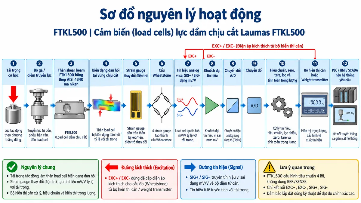 Sơ đồ nguyên lý hoạt động dạng khối của Laumas FTKL500 trên nền trắng, bố cục ngang. Luồng chính gồm: Tải trọng cơ học → Bộ gá/điểm truyền lực → Thân shear beam FTKL500 bằng thép AISI 4340 mạ niken → Biến dạng đàn hồi tại vùng chịu cắt → Strain gauge thay đổi điện trở → Cầu Wheatstone → Tín hiệu analog vi sai SIG+/SIG- dạng mV/V → Khuếch đại tín hiệu → Chuyển đổi A/D → Hiệu chuẩn, zero, tare, lọc và tính toán trọng lượng → Bộ hiển thị cân hoặc Weight transmitter → PLC/HMI/SCADA nếu hệ thống yêu cầu. Vẽ nhánh EXC+/EXC- từ bộ điện tử cân cấp điện áp kích thích tới cầu Wheatstone; không vẽ REF./SENSE vì cấu hình tiêu chuẩn FTKL500 sử dụng cáp 4 lõi. Thể hiện rõ hướng truyền lực, hướng tín hiệu và hướng cấp kích thích bằng mũi tên.