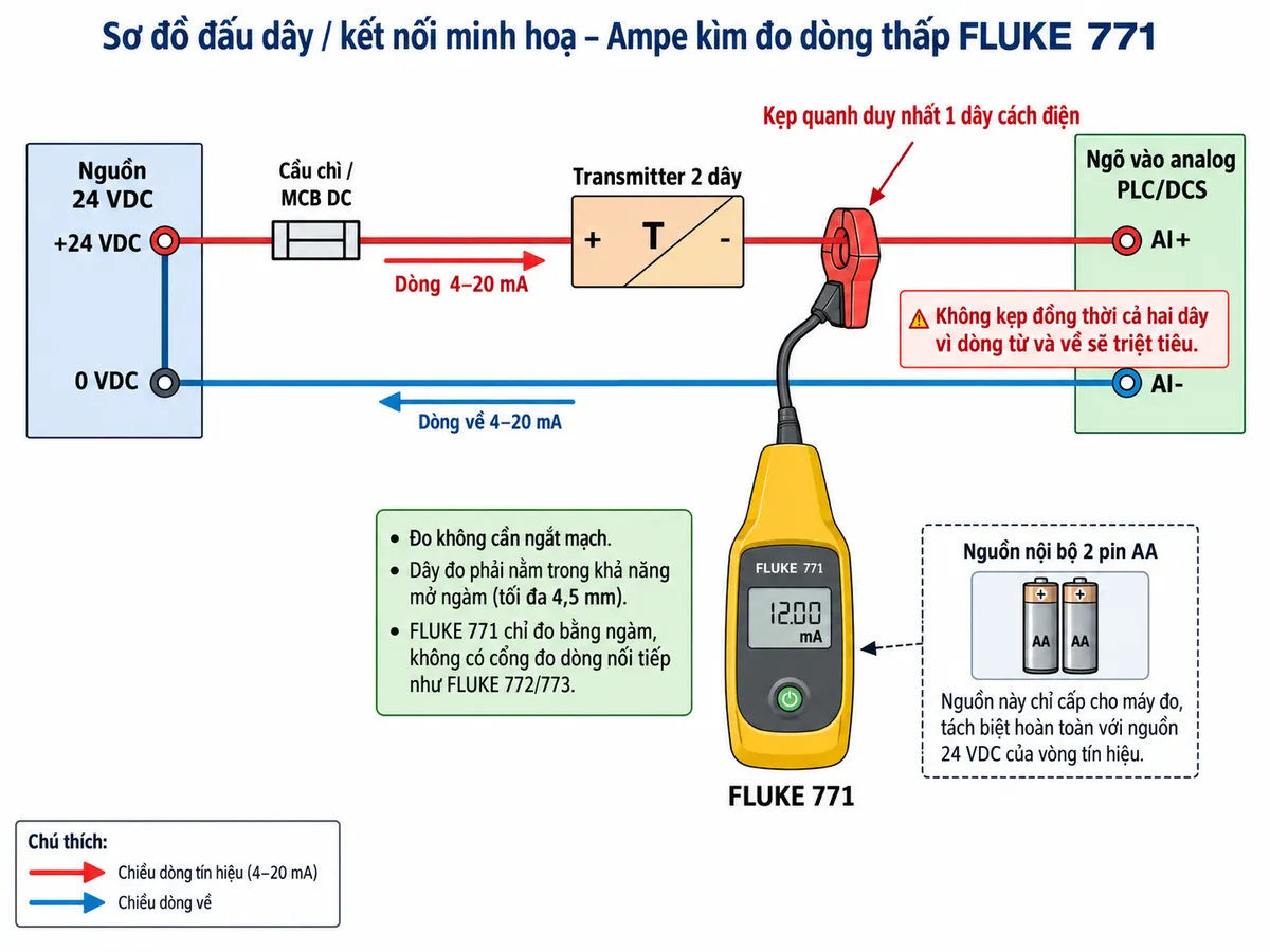 Vẽ sơ đồ đấu dây/kết nối minh họa cho Ampe kìm đo dòng thấp FLUKE 771 trên nền trắng, bố cục ngang, chú thích tiếng Việt. Thể hiện một vòng tín hiệu DC công nghiệp gồm nguồn 24 VDC, cầu chì hoặc MCB DC bảo vệ phía dương nguồn, transmitter 2 dây với cực + và -, ngõ vào analog PLC/DCS với AI+ và AI-, đường 0 VDC trở về nguồn. Vẽ FLUKE 771 dùng ngàm tháo rời kẹp quanh duy nhất một dây cách điện của vòng dòng, không cắt dây và không đấu điện trực tiếp vào vòng; ghi rõ không kẹp đồng thời cả hai dây vì dòng từ và về sẽ triệt tiêu. Thể hiện cáp nối ngàm về thân máy và nguồn nội bộ 2 pin AA chỉ cấp cho máy đo, hoàn toàn tách khỏi nguồn 24 VDC của vòng. Ghi chú dây đo phải nằm trong khả năng mở ngàm của thiết bị và FLUKE 771 chỉ thực hiện phép đo bằng ngàm, không có cổng đo dòng nối tiếp như FLUKE 772/773.