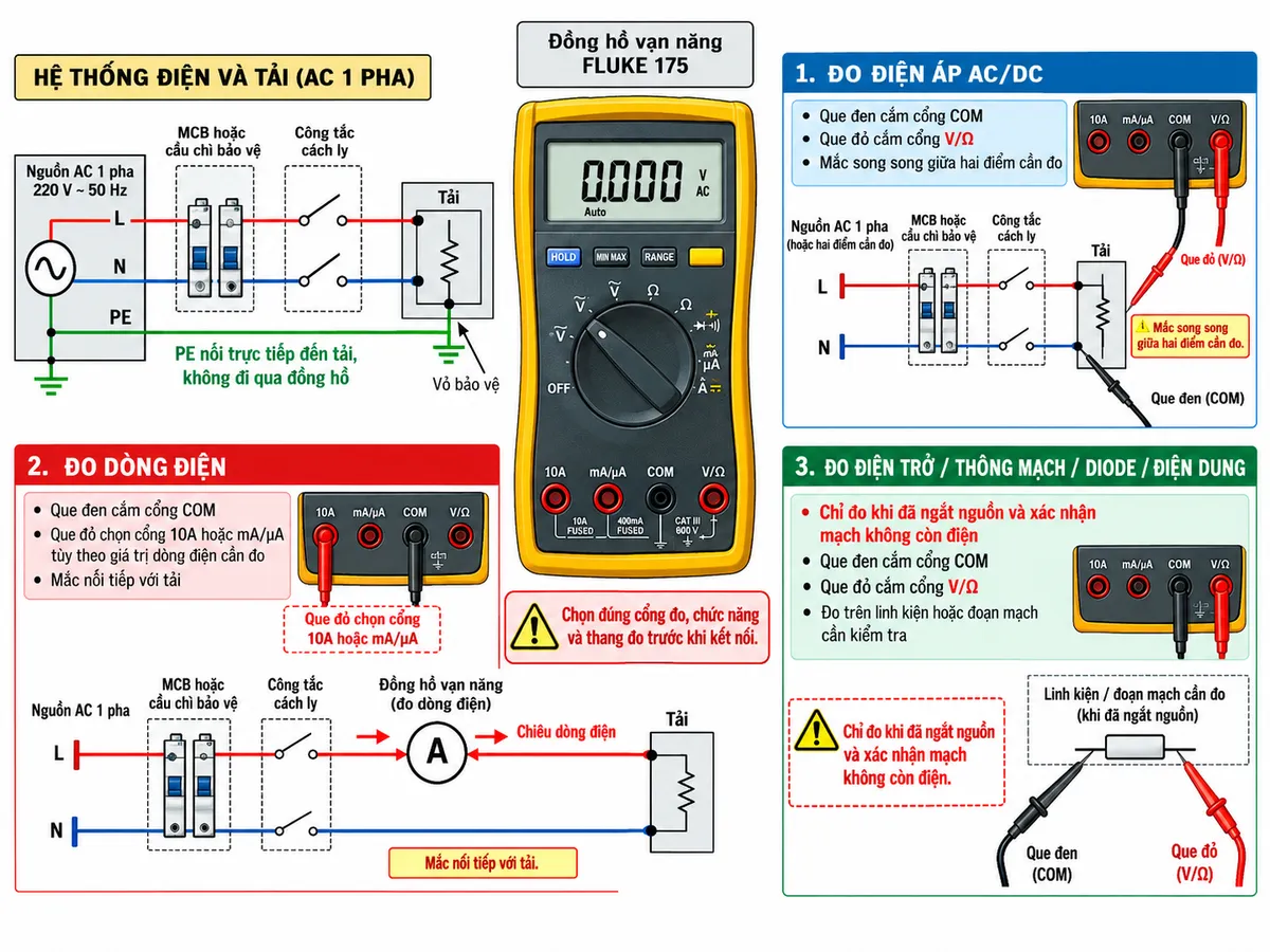 Sơ đồ đấu dây và kết nối Đồng hồ vạn năng True-RMS FLUKE 175 trên nền trắng, bố cục ngang, chú thích tiếng Việt. Bên trái thể hiện nguồn điện AC 1 pha gồm L, N và PE đi qua MCB hoặc cầu chì bảo vệ và công tắc cách ly trước khi cấp cho tải. Ở giữa vẽ FLUKE 175 với các cổng vào 10A, mA/µA, COM và V/Ω. Minh họa nhánh đo điện áp AC/DC với que đen nối COM, que đỏ nối V/Ω và đồng hồ mắc song song với nguồn hoặc tải; nhánh đo dòng với que đen COM, que đỏ chuyển sang cổng 10A hoặc mA/µA và đồng hồ mắc nối tiếp với tải; nhánh đo điện trở, thông mạch, diode và điện dung chỉ thực hiện sau khi ngắt nguồn và xác nhận mạch không còn điện. Thể hiện rõ dây PE nối trực tiếp đến tải và không đi qua đồng hồ; dùng mũi tên chỉ hướng dòng điện và ghi chú chọn đúng cổng đo, chức năng và thang đo trước khi kết nối.