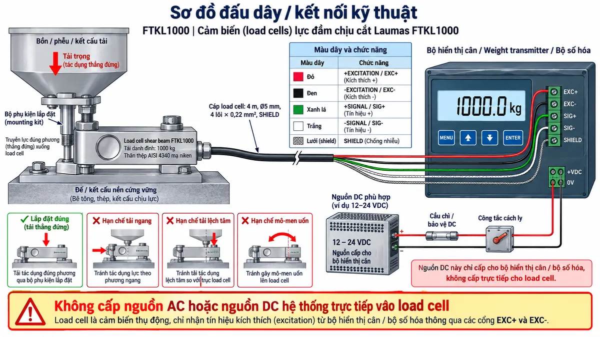 Sơ đồ đấu dây/kết nối kỹ thuật Laumas FTKL1000 trên nền trắng, bố cục ngang. Bên trái thể hiện bồn, phễu, bàn cân hoặc kết cấu tải tác động thẳng đứng qua bộ gá phù hợp tới load cell shear beam FTKL1000 tải danh định 1000 kg ở giữa, thân thép AISI 4340 mạ niken. Thể hiện đế lắp cứng vững và bộ gá giúp truyền lực đúng phương; thêm ghi chú hạn chế tải ngang, tải lệch tâm và mô-men uốn. Từ FTKL1000 vẽ cáp dài 4 m, đường kính 5 mm, 4 lõi × 0,22 mm² cùng SHIELD sang bộ hiển thị cân, Weight transmitter hoặc bộ số hóa ở bên phải. Thể hiện +EXCITATION/EXC+ màu đỏ và -EXCITATION/EXC- màu đen từ thiết bị điện tử cân cấp kích thích tới load cell; +SIGNAL/SIG+ màu xanh lá và -SIGNAL/SIG- màu trắng từ load cell truyền tín hiệu vi sai về thiết bị; có SHIELD chống nhiễu. Không vẽ REF./SENSE vì cấu hình tiêu chuẩn FTKL1000 dùng cáp 4 lõi. Phía dưới vẽ nguồn DC phù hợp cấp riêng cho thiết bị điện tử cân qua cầu chì hoặc thiết bị bảo vệ DC và công tắc cách ly; ghi chú rõ không cấp nguồn AC hoặc nguồn DC hệ thống trực tiếp vào load cell.