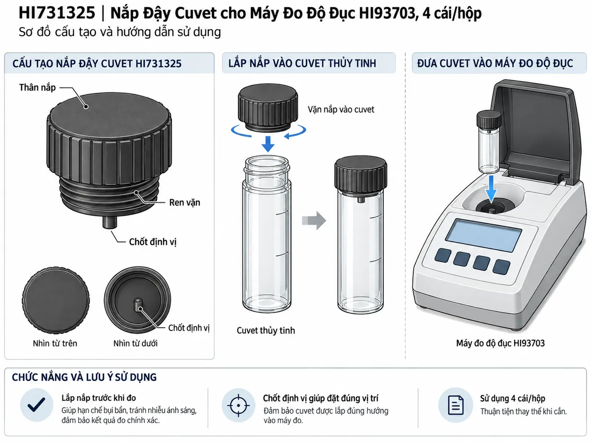 Sơ đồ cấu tạo cuvet thủy tinh HI731331N gồm thân thủy tinh quang học, vạch mức 10 mL, dấu định vị và vị trí đặt cuvet trong máy đo độ đục HI98703 hoặc HI98713