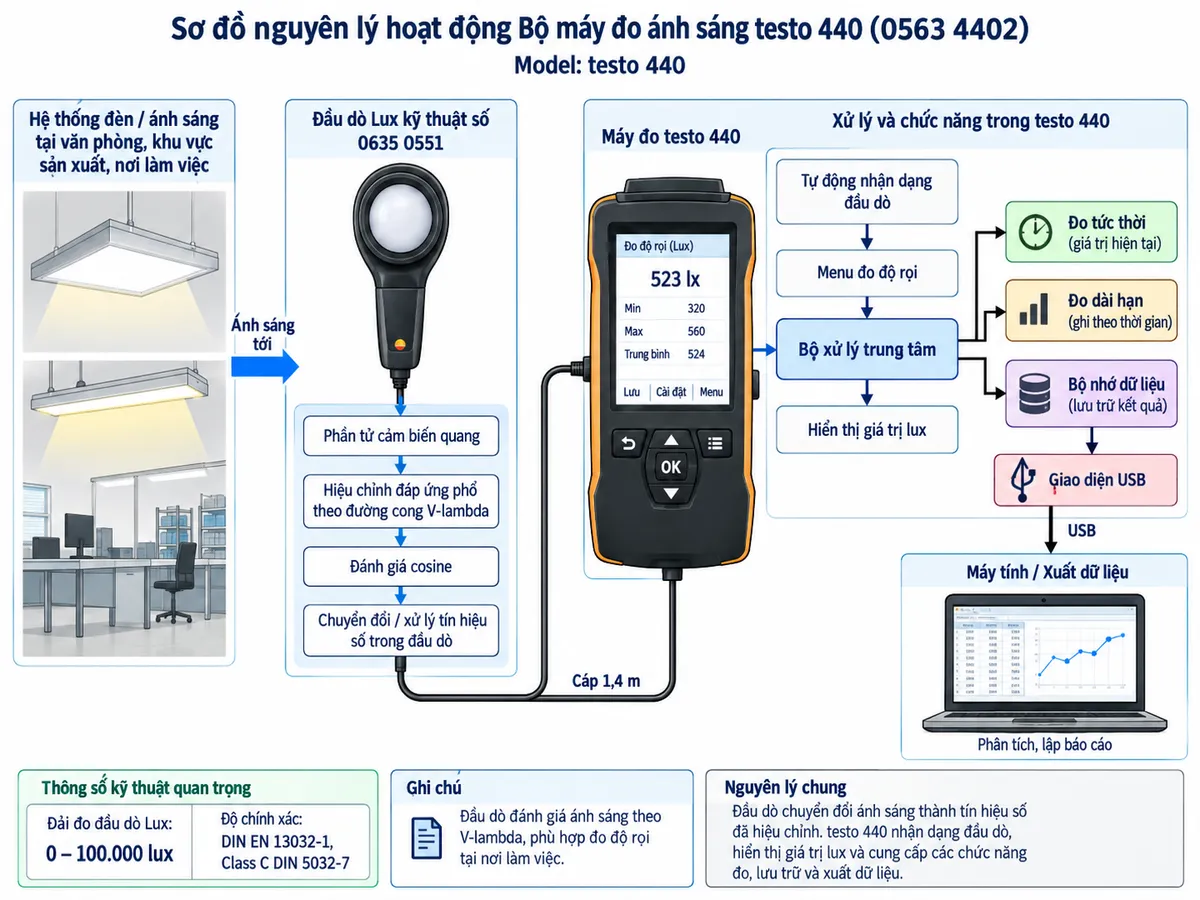 Sơ đồ nguyên lý hoạt động dạng khối cho Bộ máy đo ánh sáng testo 440 mã 0563 4402 trên nền trắng, bố cục ngang. Luồng chính: hệ thống đèn và ánh sáng tại văn phòng/khu vực sản xuất/nơi làm việc → ánh sáng tới bề mặt đầu dò Lux kỹ thuật số 0635 0551 → phần tử cảm biến quang → hiệu chỉnh đáp ứng phổ theo đường cong V-lambda và đánh giá cosine → chuyển đổi/xử lý tín hiệu số trong đầu dò → truyền dữ liệu qua cáp 1,4 m → testo 440 → tự động nhận dạng đầu dò → menu đo độ rọi → hiển thị giá trị lux. Từ bộ xử lý testo 440 chia nhánh tới đo tức thời, đo dài hạn và bộ nhớ dữ liệu → giao diện USB → máy tính/xuất dữ liệu phục vụ phân tích và lập báo cáo. Ghi chú dải đo của đầu dò 0–100.000 lux và độ chính xác theo DIN EN 13032-1, Class C DIN 5032-7.