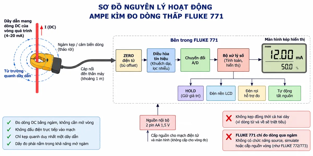 Vẽ sơ đồ nguyên lý hoạt động dạng khối của Ampe kìm đo dòng thấp FLUKE 771 trên nền trắng, bố cục ngang, chú thích tiếng Việt. Luồng chính: dây dẫn cách điện mang dòng DC của vòng quá trình → từ trường quanh dây → ngàm kẹp/cảm biến dòng tháo rời → ZERO điện tử để bù offset → điều hòa tín hiệu → chuyển đổi A/D → bộ xử lý số → màn hình kép hiển thị giá trị mA và phần trăm biên độ vòng. Từ bộ xử lý vẽ thêm các khối HOLD giữ giá trị, đèn nền LCD, đèn rọi hỗ trợ xác định dây và tự động tắt nguồn. Vẽ nguồn nội bộ 2 pin AA cấp cho mạch điện tử và màn hình nhưng không cấp nguồn cho vòng đo. Ghi rõ nguyên lý đo không cần mở vòng và FLUKE 771 chỉ đo dòng qua ngàm, không có chức năng source, simulate hoặc cấp nguồn vòng như các model cao hơn.