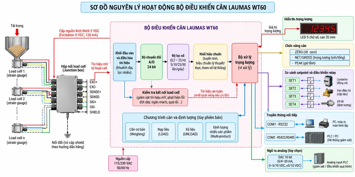 Sơ đồ nguyên lý hoạt động Bộ điều khiển cân Laumas WT60 trên nền trắng dạng ngang: từ trái sang phải là tải trọng tác động lên một hoặc nhiều load cell strain gauge; WT60 cấp nguồn kích thích 5 VDC cho load cell và nhận tín hiệu mV qua EXCITATION, SIGNAL và SENSE; nếu nhiều load cell thì thể hiện junction box trước WT60. Tín hiệu đi vào khối tiếp nhận và điều hòa tín hiệu, tiếp đến bộ chuyển đổi A/D 24 bit, bộ lọc số, khối hiệu chuẩn và bộ xử lý trọng lượng. Từ bộ xử lý chia thành nhánh hiển thị LED 5 chữ số; nhánh ZERO, NET/GROSS và PEAK; khối so sánh SET1-SET4 điều khiển relay output tới relay trung gian, contactor, van hoặc cơ cấu cấp liệu; nhánh chương trình weighing/batching gồm cân cơ bản, LOAD, UNLOAD và định lượng nhiều sản phẩm tùy phiên bản; nhánh RS232 và RS422/RS485 tới PLC-PC, màn hình lặp hoặc máy in; nhánh tùy chọn DAC analog 16 bit tới analog input PLC. Bổ sung khối kiểm tra kết nối load cell với chức năng an toàn làm mất kích relay khi phát hiện lỗi kết nối. Dùng mũi tên thể hiện rõ luồng tải trọng, tín hiệu mV, xử lý trọng lượng và tín hiệu điều khiển đầu ra.