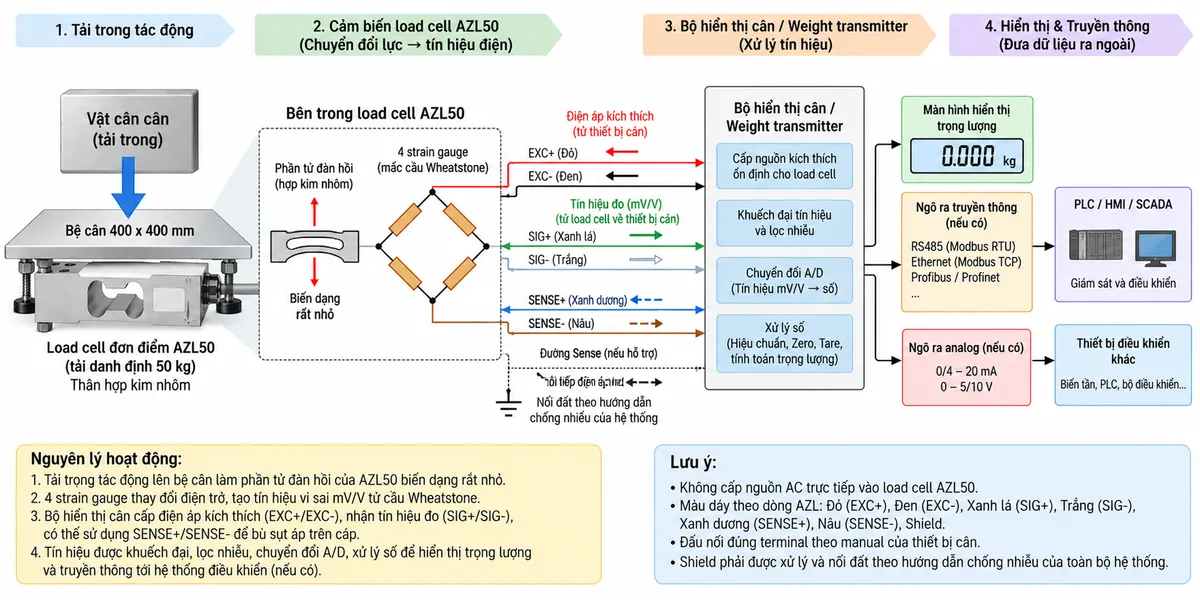 Vẽ sơ đồ nguyên lý hoạt động dạng khối cho Laumas AZL50 trên nền trắng, bố cục ngang. Bắt đầu từ vật cần cân/tải trọng cơ học tác động xuống bệ cân 400 x 400 mm; lực truyền tới load cell single-point AZL50 tải danh định 50 kg. Bên trong cảm biến thể hiện phần tử đàn hồi bằng hợp kim nhôm và bốn strain gauge mắc thành cầu Wheatstone. Từ bộ hiển thị cân hoặc weight transmitter vẽ nhánh EXC+/EXC- cấp điện áp kích thích vào cầu đo; có thể thể hiện SENSE+/SENSE- hồi tiếp điện áp kích thích nếu bộ điện tử cân hỗ trợ. Khi tải tác động, phần tử đàn hồi biến dạng làm điện trở strain gauge thay đổi và tạo tín hiệu vi sai SIG+/SIG- dạng mV/V. Tín hiệu tiếp tục qua các khối khuếch đại và lọc, chuyển đổi A/D, hiệu chuẩn/Zero/Tare, tính toán trọng lượng rồi tới màn hình hiển thị. Nếu thiết bị điện tử cân hỗ trợ giao tiếp công nghiệp thì vẽ thêm nhánh dữ liệu đã xử lý tới PLC/HMI/SCADA. Phân biệt bằng mũi tên và chú thích tiếng Việt cho luồng lực cơ học, điện áp kích thích, tín hiệu đo mV/V, đường sense và dữ liệu số sau xử lý.