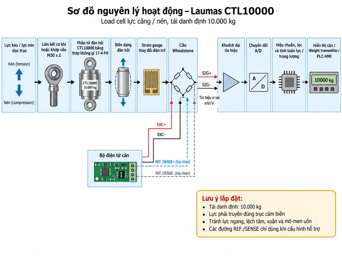 Vẽ sơ đồ nguyên lý hoạt động dạng khối cho Laumas CTL10000 trên nền trắng, bố cục ngang. Bắt đầu từ “Lực kéo / lực nén dọc trục” → “Liên kết cơ khí hoặc khớp cầu M30 x 2” → “Phần tử đàn hồi CTL10000 bằng thép không gỉ 17-4 PH” → “Biến dạng đàn hồi” → “Strain gauge thay đổi điện trở” → “Cầu Wheatstone”. Từ bộ điện tử cân vẽ EXC+/EXC- cấp điện áp kích thích vào cầu Wheatstone; REF./SENSE+ và REF./SENSE- là đường hồi tiếp tùy chọn khi cấu hình hỗ trợ. Từ cầu Wheatstone vẽ SIG+/SIG- là tín hiệu vi sai mV/V đi tới “Khuếch đại tín hiệu” → “Chuyển đổi A/D” → “Hiệu chuẩn, lọc và tính toán lực/trọng lượng” → “Hiển thị cân / Weight transmitter / PLC-HMI”. Ghi chú CTL10000 có tải danh định 10.000 kg và cần tránh lực ngang, lệch tâm, xoắn hoặc mô-men uốn để bảo đảm độ chính xác.