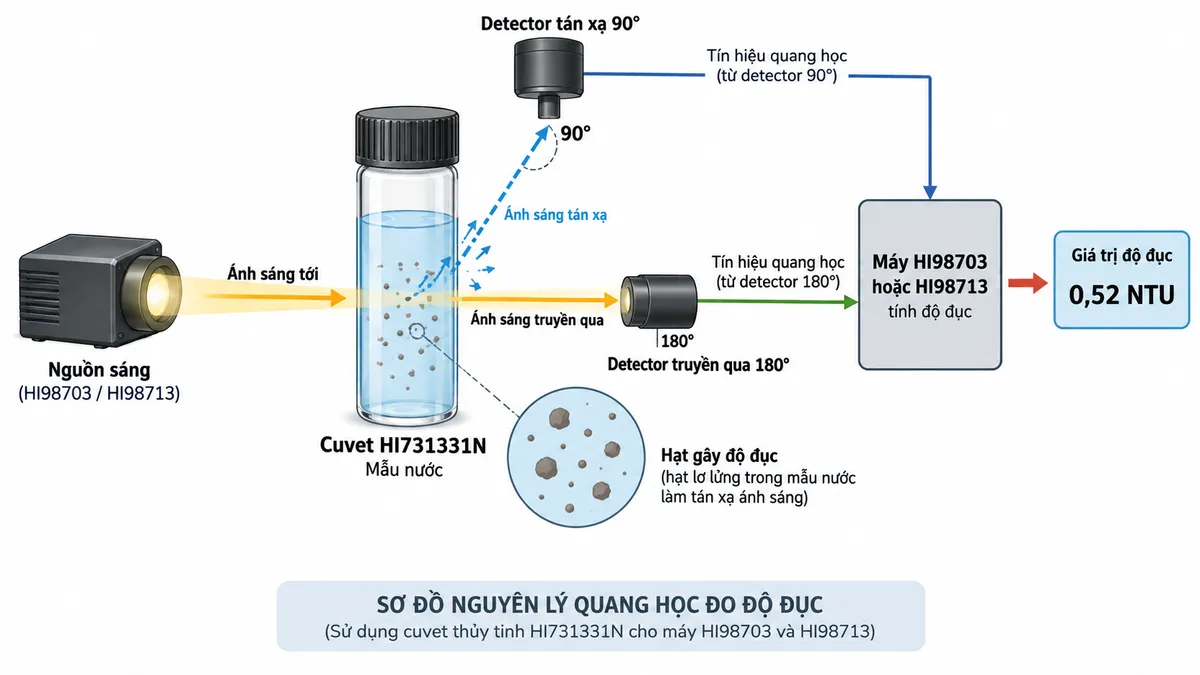 Sơ đồ nguyên lý cuvet HI731331N nằm giữa nguồn sáng và hệ detector, ánh sáng đi qua mẫu, tán xạ 90 độ và truyền qua 180 độ để máy HI98703 hoặc HI98713 tính độ đục