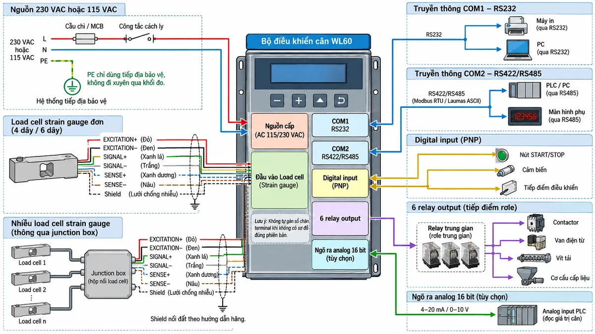 Sơ đồ đấu dây/kết nối Bộ điều khiển cân Laumas WL60 trên nền trắng dạng ngang: nguồn 230 VAC hoặc 115 VAC đi qua cầu chì hoặc MCB phù hợp và công tắc cách ly trước khi cấp vào WL60; PE nối hệ thống tiếp địa bảo vệ, không đi xuyên qua khối đo. Bên trái thể hiện một hoặc nhiều load cell strain gauge 4/6 dây; nếu nhiều load cell thì đi qua junction box rồi tới đầu vào load cell của WL60 với các đường EXCITATION+/EXCITATION-, SIGNAL+/SIGNAL-, SENSE+/SENSE- khi dùng cấu hình 6 dây và shield nối đất theo hướng dẫn hãng. Thể hiện COM1 RS232 tới máy in hoặc PC; COM2 RS422/RS485 tới PLC/PC hoặc màn hình phụ với Modbus RTU/Laumas ASCII. Các digital input PNP nhận tín hiệu từ nút START/STOP, cảm biến hoặc tiếp điểm điều khiển; 6 relay output đưa tới relay trung gian rồi điều khiển contactor, van điện từ, vít tải hoặc cơ cấu cấp liệu. Thể hiện riêng ngõ ra analog 16 bit tùy chọn tới analog input PLC và ghi rõ không tự gán số chân terminal khi không có sơ đồ đúng phiên bản.