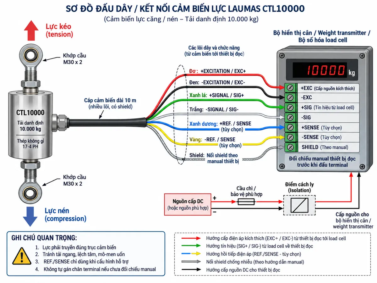 Vẽ sơ đồ đấu dây/kết nối kỹ thuật cho cảm biến lực kéo/nén Laumas CTL12500 trên nền trắng, bố cục ngang. Bên trái thể hiện tải hoặc cơ cấu máy truyền lực kéo/nén đúng dọc trục qua hai liên kết cơ khí hoặc khớp cầu phù hợp M36 x 3 tới load cell CTL12500 tải danh định 12.500 kg ở giữa; ghi chú tránh tải ngang, lệch tâm, xoắn và mô-men uốn. Thể hiện thân cảm biến bằng thép không gỉ 17-4 PH và cáp dài 10 m, đường kính 5 mm, 6 lõi x 0,14 mm² cùng SHIELD đi sang bộ hiển thị cân, weight transmitter hoặc bộ số hóa load cell ở bên phải. Vẽ rõ +SIGNAL/SIG+ màu xanh lá và -SIGNAL/SIG- màu trắng truyền tín hiệu vi sai từ cảm biến về thiết bị; +EXCITATION/EXC+ màu đỏ và -EXCITATION/EXC- màu đen từ thiết bị điện tử cân cấp kích thích tới cầu đo; +REF./SENSE màu xanh dương và -REF./SENSE màu vàng hồi tiếp điện áp về thiết bị đọc khi đầu vào hỗ trợ sense; thể hiện SHIELD và ghi chú đấu shield theo manual hệ thống. Nguồn cấp cho bộ hiển thị/weight transmitter đi qua cầu chì hoặc thiết bị bảo vệ phù hợp và điểm cách ly phục vụ bảo trì; không tự gán số chân terminal của thiết bị đọc nếu chưa đối chiếu manual.