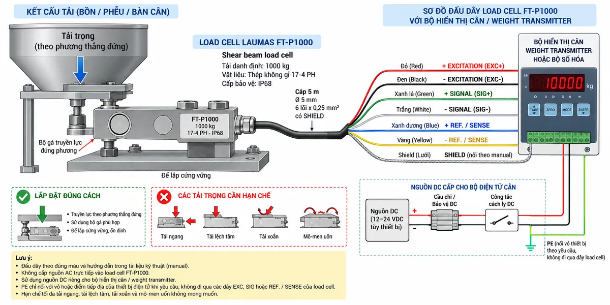 Vẽ sơ đồ đấu dây/kết nối kỹ thuật cho cảm biến shear beam Laumas FT-P1000 trên nền trắng, bố cục ngang. Bên trái thể hiện bồn, phễu, bàn cân hoặc kết cấu tải truyền lực đúng phương qua bộ gá cơ khí tới load cell FT-P1000 ở giữa; ghi nhận diện FT-P1000, tải danh định 1000 kg, thân thép không gỉ 17-4 PH, cấp bảo vệ IP68. Từ cảm biến vẽ cáp dài 5 m, đường kính 5 mm, 6 lõi x 0,25 mm² cùng SHIELD sang bộ hiển thị cân, Weight transmitter hoặc bộ số hóa ở bên phải. Thể hiện +EXCITATION/EXC+ màu đỏ và -EXCITATION/EXC- màu đen từ thiết bị điện tử cân cấp điện áp kích thích tới cảm biến; +SIGNAL/SIG+ màu xanh lá và -SIGNAL/SIG- màu trắng truyền tín hiệu vi sai từ cảm biến về thiết bị; +REF./SENSE màu xanh dương và -REF./SENSE màu vàng là đường hồi tiếp điện áp kích thích. Thể hiện SHIELD đi cùng cáp và ghi chú đấu theo manual. Phía dưới vẽ nguồn DC phù hợp cấp riêng cho bộ hiển thị hoặc weight transmitter qua cầu chì hoặc thiết bị bảo vệ DC và công tắc cách ly; PE chỉ nối với vỏ hoặc điểm tiếp địa của thiết bị điện tử khi yêu cầu, không đi qua các dây EXC, SIG hoặc REF./SENSE của load cell. Ghi chú rõ: không cấp nguồn AC trực tiếp vào FT-P1000; lắp đúng phương tải và hạn chế tải ngang, lệch tâm, xoắn và mô-men uốn không mong muốn.