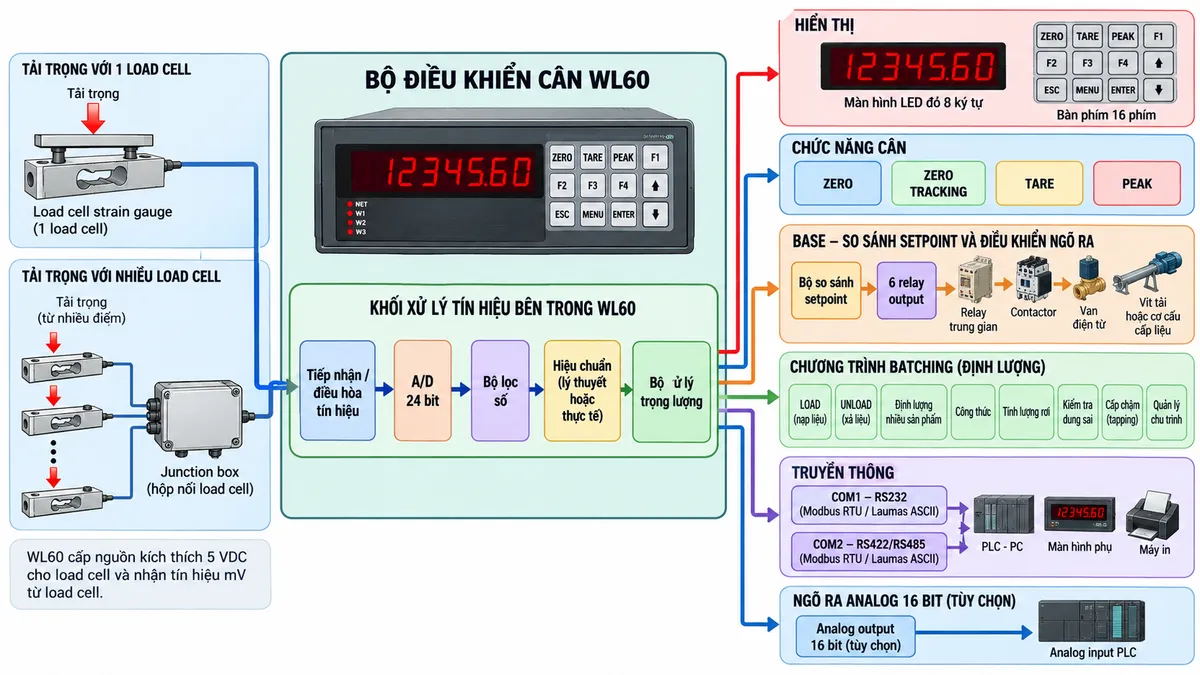 Sơ đồ nguyên lý hoạt động Bộ điều khiển cân Laumas WL60 trên nền trắng dạng ngang: từ trái sang phải là tải trọng tác động lên một hoặc nhiều load cell strain gauge; WL60 cấp nguồn kích thích 5 VDC và nhận tín hiệu mV từ load cell, nhiều load cell đi qua junction box; tín hiệu vào khối tiếp nhận/điều hòa tín hiệu rồi tới A/D 24 bit, bộ lọc số, khối hiệu chuẩn lý thuyết hoặc hiệu chuẩn thực và bộ xử lý trọng lượng. Từ bộ xử lý chia thành nhánh hiển thị LED đỏ 8 ký tự và bàn phím 16 phím; nhánh ZERO, ZERO TRACKING, TARE và PEAK; nhánh BASE với bộ so sánh setpoint điều khiển 6 relay tới relay trung gian, contactor, van hoặc vít tải; nhánh chương trình batching gồm LOAD, UNLOAD và định lượng nhiều sản phẩm với công thức, tính lượng rơi, kiểm tra dung sai, cấp chậm/tapping và quản lý chu trình; nhánh COM1 RS232 và COM2 RS422/RS485 Modbus RTU/Laumas ASCII tới PLC-PC, màn hình phụ hoặc máy in; nhánh ngõ ra analog 16 bit tùy chọn tới analog input PLC. Dùng mũi tên thể hiện rõ luồng tải trọng → tín hiệu load cell → xử lý số → hiển thị/điều khiển/truyền thông.