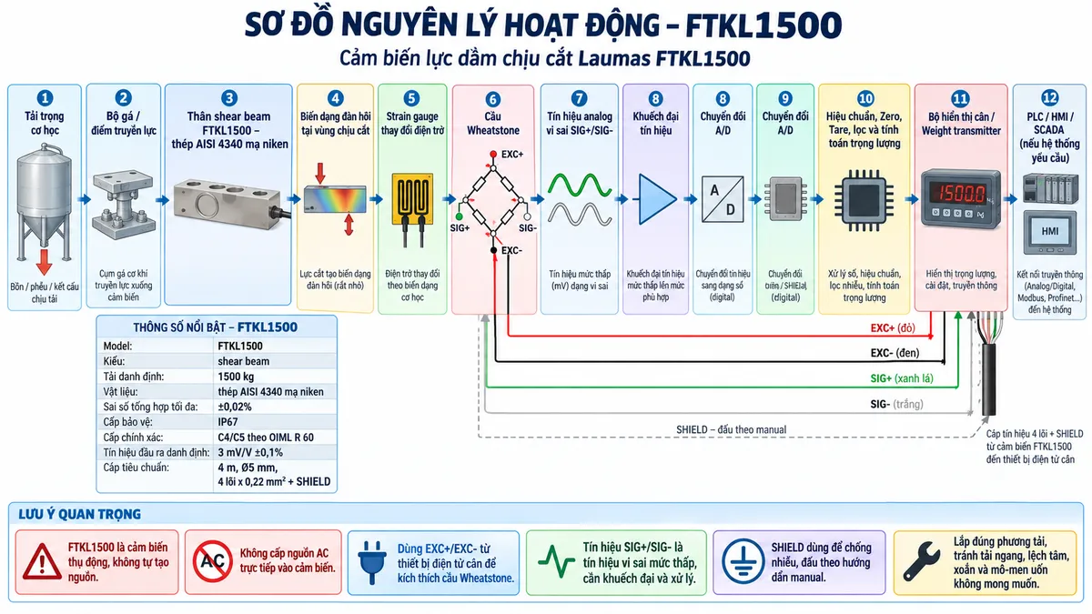 Vẽ sơ đồ nguyên lý hoạt động dạng khối cho Laumas FT-P1000 trên nền trắng, bố cục ngang. Luồng chính gồm: Tải trọng cơ học → Bộ gá hoặc điểm truyền lực → Thân shear beam FT-P1000 bằng thép không gỉ 17-4 PH → Biến dạng đàn hồi tại vùng chịu cắt → Strain gauge thay đổi điện trở → Cầu Wheatstone → Tín hiệu analog vi sai SIG+/SIG- → Khuếch đại tín hiệu → Chuyển đổi A/D → Hiệu chuẩn, Zero, Tare, lọc và tính toán trọng lượng → Bộ hiển thị cân hoặc Weight transmitter → PLC/HMI/SCADA nếu hệ thống yêu cầu. Vẽ nhánh EXC+/EXC- từ thiết bị điện tử cân cấp điện áp kích thích tới cầu Wheatstone; REF./SENSE+/REF./SENSE- hồi tiếp điện áp kích thích từ load cell về thiết bị đọc; SHIELD đi cùng cáp tín hiệu và đấu theo manual. Thêm khối nhận diện: FT-P1000, shear beam, tải danh định 1000 kg, thép không gỉ 17-4 PH, sai số tổng hợp tối đa ±0,02%, cấp bảo vệ IP68, cấp chính xác C3 theo OIML R 60 và tín hiệu đầu ra danh định 2 mV/V ±0,4%. Ghi chú cảm biến không tự tạo nguồn và không được cấp AC trực tiếp.