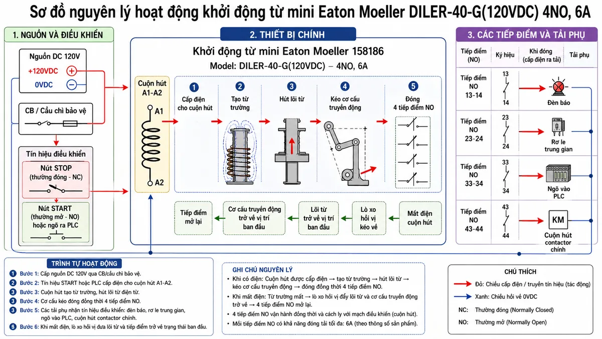 Sơ đồ nguyên lý hoạt động của khởi động từ mini Eaton Moeller 158186 DILER-40-G(120VDC), thể hiện các khối chức năng gồm nguồn DC 120V, CB hoặc cầu chì bảo vệ, tín hiệu START STOP hoặc PLC, cuộn hút A1-A2, lõi từ điện từ, lò xo hồi vị, cụm 4 tiếp điểm NO, tải phụ gồm đèn báo, rơ le trung gian, ngõ vào PLC và contactor chính; dùng mũi tên mô tả luồng hoạt động từ cấp điện cho cuộn hút, tạo từ trường, hút lõi từ, đóng 4 tiếp điểm NO, truyền tín hiệu điều khiển và tự hồi về khi mất điện; phong cách sơ đồ kỹ thuật rõ ràng, sạch sẽ, nền trắng, chú thích tiếng Việt