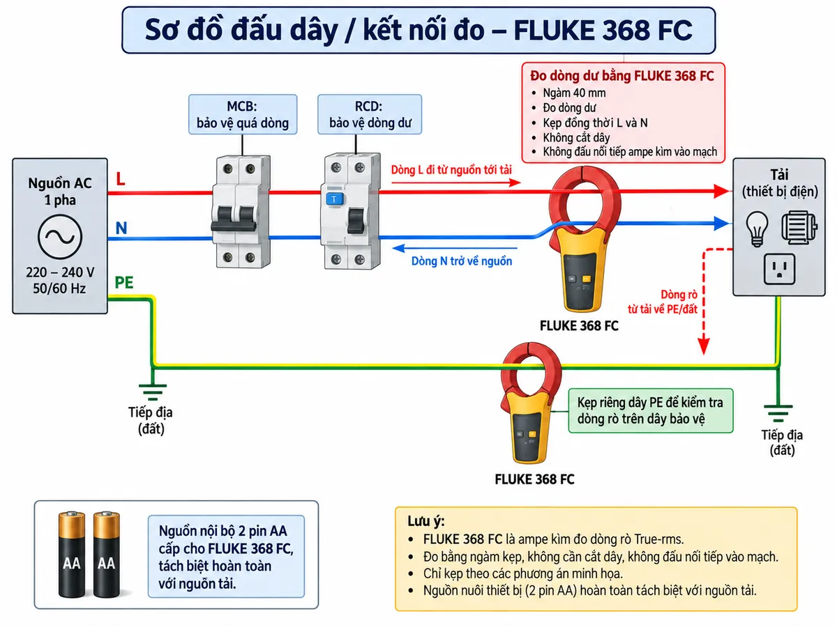 Vẽ sơ đồ đấu dây/kết nối đo cho ampe kìm đo dòng rò True-rms FLUKE 368 FC trên nền trắng, bố cục ngang và chú thích tiếng Việt. Thể hiện nguồn AC 1 pha gồm L-N-PE đi qua thiết bị bảo vệ MCB và RCD tới tải; phương án đo dòng dư đặt ngàm FLUKE 368 FC bao đồng thời L và N sau thiết bị bảo vệ nhưng không bao PE, ghi rõ ngàm 40 mm và nguyên tắc không cắt dây, không đấu nối tiếp ampe kìm vào mạch. Vẽ thêm phương án kẹp riêng dây PE để kiểm tra dòng rò chạy trên dây bảo vệ. Thể hiện 2 pin AA là nguồn nội bộ cấp cho FLUKE 368 FC, hoàn toàn tách biệt với nguồn tải. Dùng mũi tên chỉ chiều dòng L đi tới tải, N trở về nguồn và dòng rò từ tải về PE/đất; ghi chú MCB bảo vệ quá dòng và RCD bảo vệ dòng dư. Không vẽ các cổng đo điện áp hoặc cực đấu dây trên FLUKE 368 FC vì thiết bị đo bằng ngàm kẹp.