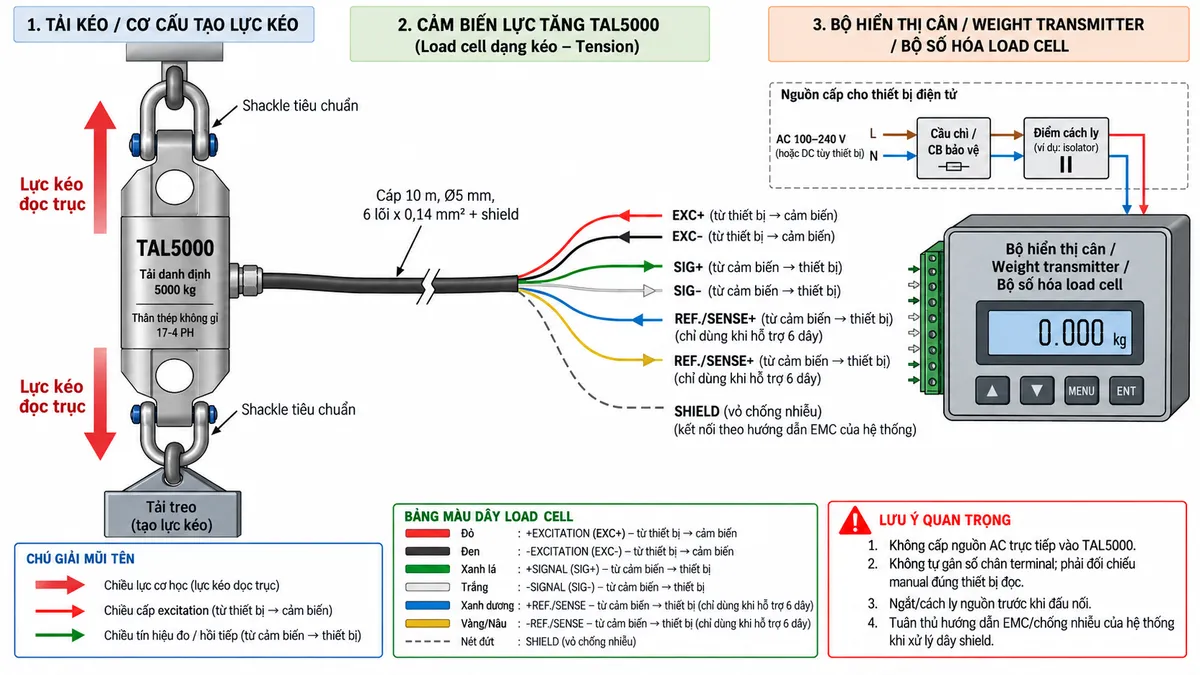 Vẽ sơ đồ đấu dây/kết nối kỹ thuật cho Laumas TAL5000 trên nền trắng, bố cục ngang. Bên trái thể hiện tải treo hoặc cơ cấu kéo tạo lực kéo dọc trục qua hai shackle tiêu chuẩn hoặc liên kết cơ khí phù hợp đi qua các lỗ liên kết của load cell TAL5000 tải danh định 5000 kg, thân thép không gỉ 17-4 PH; nhấn mạnh TAL5000 là cảm biến lực kéo, không minh họa lực nén. Ở giữa thể hiện cáp load cell dài 10 m, Ø5 mm, 6 lõi x 0,14 mm² cùng shield đi sang thiết bị điện tử cân. Thể hiện +EXCITATION/EXC+ màu đỏ và -EXCITATION/EXC- màu đen từ bộ hiển thị cân hoặc weight transmitter tới TAL5000; +SIGNAL/SIG+ màu xanh lá và -SIGNAL/SIG- màu trắng từ TAL5000 về thiết bị đọc; +REF./SENSE màu xanh dương và -REF./SENSE màu vàng hoặc nâu là đường hồi tiếp điện áp khi thiết bị hỗ trợ cấu hình 6 dây; SHIELD tách riêng và xử lý theo hướng dẫn EMC. Bên phải vẽ bộ hiển thị cân, weight transmitter hoặc bộ số hóa load cell. Nguồn riêng cho thiết bị điện tử cân đi qua cầu chì hoặc CB bảo vệ và điểm cách ly trước khi cấp cho thiết bị. Ghi chú không cấp AC trực tiếp vào TAL5000, không tự gán số chân terminal, phải đối chiếu manual đúng thiết bị đọc và ngắt/cách ly nguồn trước khi đấu nối.
