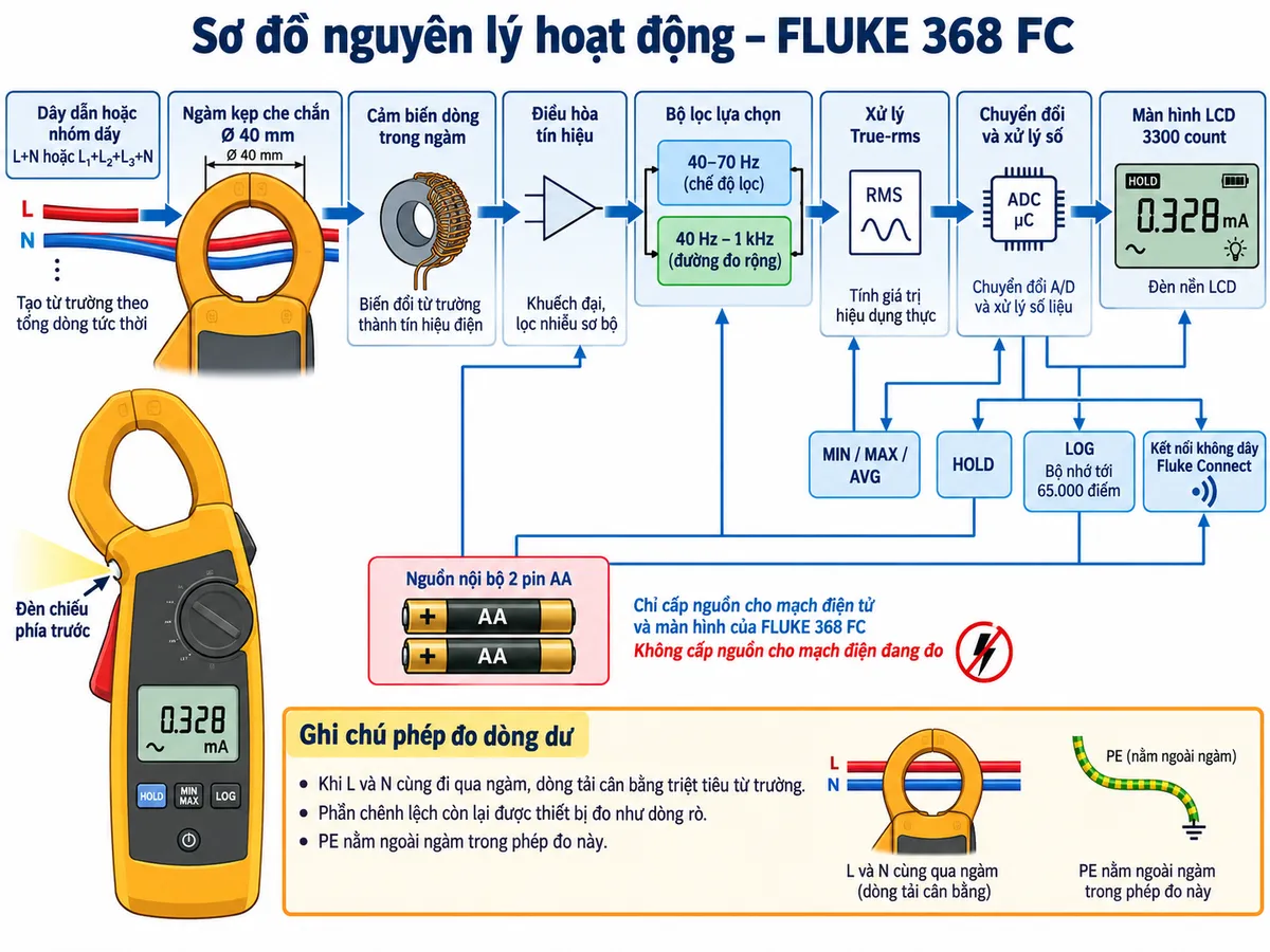 Vẽ sơ đồ nguyên lý hoạt động dạng khối của ampe kìm đo dòng rò True-rms FLUKE 368 FC trên nền trắng, bố cục ngang, chú thích tiếng Việt. Luồng chính: dây dẫn hoặc nhóm dây L+N hay L1+L2+L3+N tạo từ trường theo tổng dòng tức thời → ngàm kẹp che chắn đường kính 40 mm → cảm biến dòng trong ngàm → điều hòa tín hiệu → bộ lọc lựa chọn 40–70 Hz hoặc đường đo rộng 40 Hz–1 kHz → xử lý True-rms → chuyển đổi và xử lý số → màn hình LCD 3300 count. Từ bộ xử lý vẽ thêm các nhánh MIN/MAX/AVG, HOLD, LOG bộ nhớ tới 65.000 điểm và kết nối không dây Fluke Connect. Thể hiện đèn nền LCD và đèn chiếu phía trước. Vẽ 2 pin AA cấp nguồn cho các khối điện tử và màn hình nhưng không cấp nguồn cho mạch điện đang đo. Ghi chú phép đo dòng dư: khi L và N cùng đi qua ngàm, dòng tải cân bằng triệt tiêu từ trường, phần chênh lệch còn lại được thiết bị đo như dòng rò; PE nằm ngoài ngàm trong phép đo này.