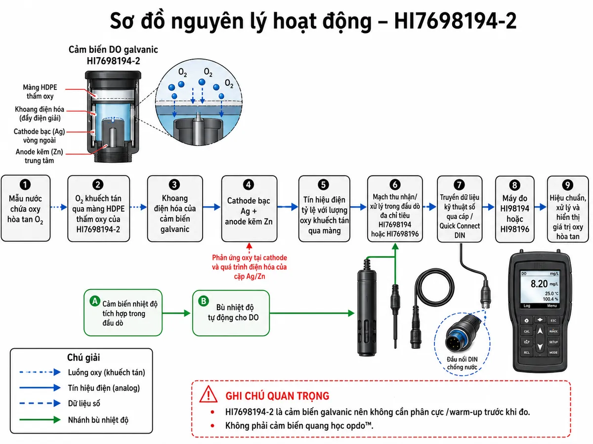 Vẽ sơ đồ nguyên lý hoạt động dạng block diagram kỹ thuật của Hanna HI7698194-2 trên nền trắng, bố cục ngang. Bắt đầu từ khối “Mẫu nước chứa oxy hòa tan O₂” → “O₂ khuếch tán qua màng HDPE thấm oxy của HI7698194-2” → “Khoang điện hóa của cảm biến galvanic” → “Cathode bạc Ag + anode kẽm Zn”. Thể hiện phản ứng oxy tại cathode và quá trình điện hóa của cặp Ag/Zn tạo “Tín hiệu điện tỷ lệ với lượng oxy khuếch tán qua màng” → “Mạch thu nhận/xử lý trong đầu dò đa chỉ tiêu HI7698194 hoặc HI7698196” → “Truyền dữ liệu kỹ thuật số qua cáp/Quick Connect DIN” → “Máy đo HI98194 hoặc HI98196” → “Hiệu chuẩn, xử lý và hiển thị giá trị oxy hòa tan”. Tạo nhánh riêng “Cảm biến nhiệt độ tích hợp trong đầu dò” → “Bù nhiệt độ tự động cho DO” → khối xử lý. Ghi chú “HI7698194-2 là cảm biến galvanic nên không cần phân cực/warm-up trước khi đo; không phải cảm biến quang học opdo™”.