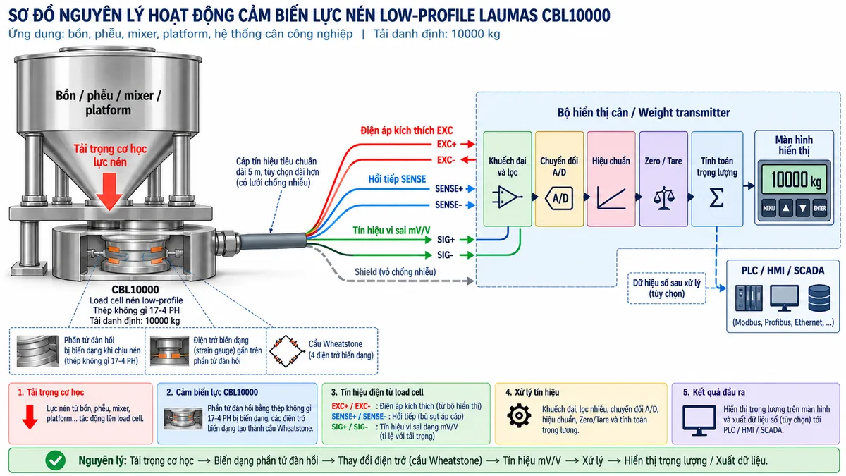 Vẽ sơ đồ nguyên lý hoạt động dạng khối cho cảm biến lực nén Laumas CBL7500 trên nền trắng, bố cục ngang. Bắt đầu từ tải trọng của bồn, phễu, mixer, platform hoặc máy truyền xuống điểm đỡ và tác động lực nén lên CBL7500 tải danh định 7500 kg. Bên trong cảm biến thể hiện phần tử đàn hồi bằng thép không gỉ 17-4 PH và các strain gauge mắc thành cầu Wheatstone. Từ bộ hiển thị cân hoặc weight transmitter vẽ EXC+/EXC- cấp điện áp kích thích tới cầu đo và SENSE+/SENSE- hồi tiếp điện áp kích thích thực tế về thiết bị đọc. Khi tải thay đổi, phần tử đàn hồi biến dạng làm điện trở strain gauge thay đổi và tạo tín hiệu vi sai SIG+/SIG- dạng mV/V. Tín hiệu tiếp tục qua các khối khuếch đại và lọc, chuyển đổi A/D, hiệu chuẩn, Zero/Tare, tính toán trọng lượng rồi tới màn hình hiển thị. Nếu bộ điện tử cân hỗ trợ giao tiếp công nghiệp, thêm nhánh dữ liệu số sau xử lý tới PLC/HMI/SCADA. Dùng mũi tên và chú thích tiếng Việt để phân biệt luồng lực cơ học, điện áp kích thích EXC, hồi tiếp SENSE, tín hiệu đo SIG dạng mV/V và dữ liệu số sau xử lý.