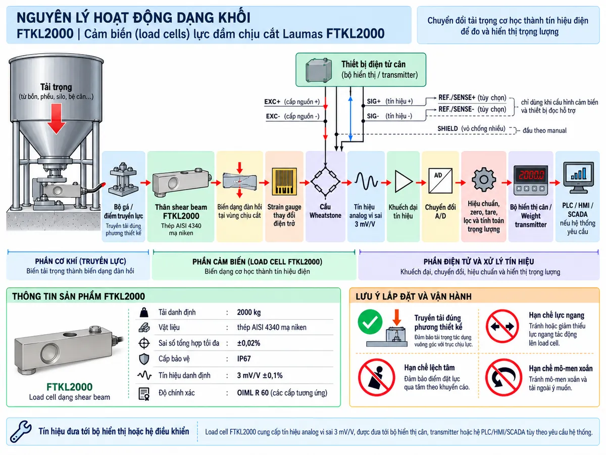 Vẽ sơ đồ nguyên lý hoạt động dạng khối cho Laumas FTKL1000 trên nền trắng, bố cục ngang. Luồng chính gồm: Tải trọng cơ học → Bộ gá hoặc điểm truyền lực → Thân shear beam FTKL1000 bằng thép AISI 4340 mạ niken → Biến dạng đàn hồi tại vùng chịu cắt → Strain gauge thay đổi điện trở → Cầu Wheatstone → Tín hiệu analog vi sai 3 mV/V → Khuếch đại tín hiệu → Chuyển đổi A/D → Hiệu chuẩn, zero, tare, lọc và tính toán trọng lượng → Bộ hiển thị cân hoặc Weight transmitter → PLC/HMI/SCADA nếu hệ thống yêu cầu. Vẽ EXC+/EXC- từ thiết bị điện tử cân cấp điện áp kích thích tới cầu Wheatstone, SIG+/SIG- truyền tín hiệu trở về; REF./SENSE chỉ thể hiện khi cấu hình cảm biến và thiết bị đọc hỗ trợ; SHIELD đi cùng cáp tín hiệu và đấu theo manual. Thêm khối nhận diện gồm FTKL1000, shear beam, tải danh định 1000 kg, thép AISI 4340 mạ niken, sai số tổng hợp tối đa ±0,02%, cấp bảo vệ IP67, tín hiệu danh định 3 mV/V ±0,1% và các cấp chính xác OIML R 60 tương ứng.