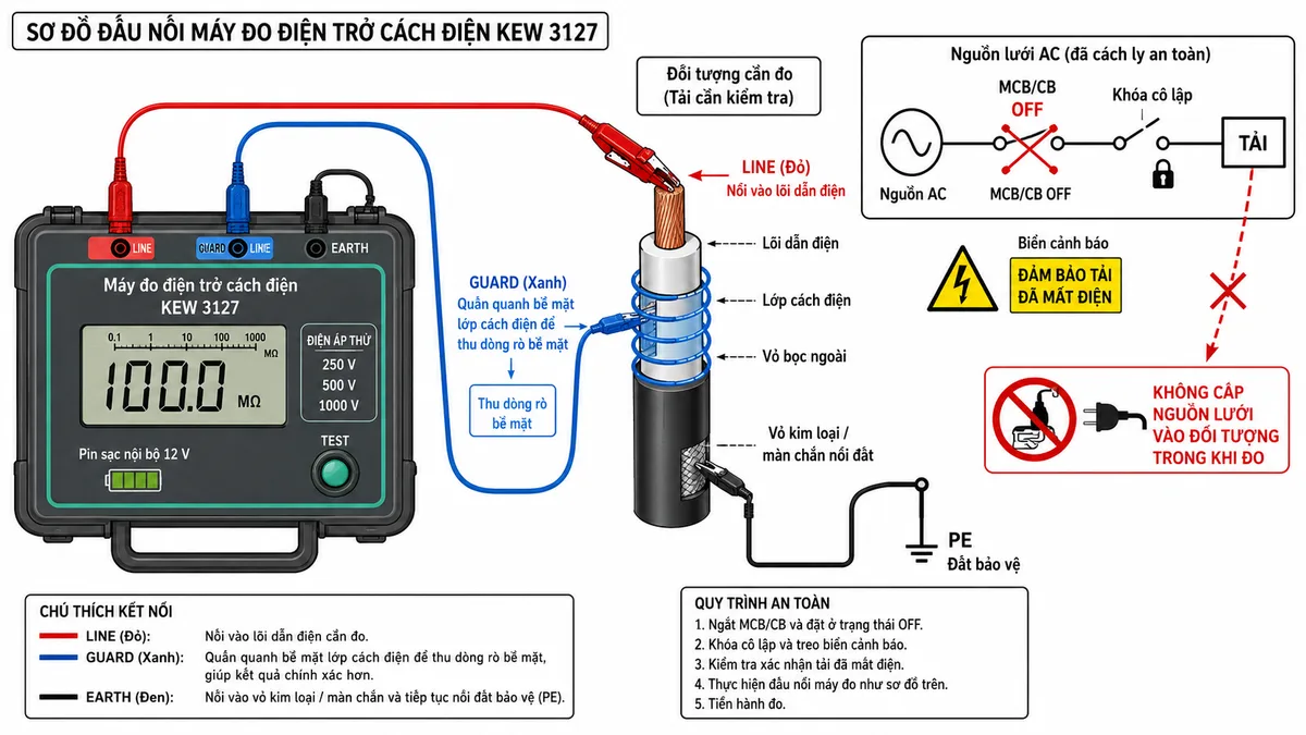 Sơ đồ đấu dây và kết nối máy đo điện trở cách điện KYORITSU KEW 3127, nền trắng, bố cục ngang, nhãn tiếng Việt; thể hiện máy KEW 3127 dùng pin sạc 12 V nội bộ, ba cực LINE màu đỏ, GUARD màu xanh và EARTH màu đen; đầu LINE nối với lõi cáp hoặc cuộn dây động cơ cần đo, đầu EARTH nối với vỏ kim loại hoặc màn chắn đã tiếp đất, dây GUARD quấn quanh bề mặt lớp cách điện để thu dòng rò bề mặt; phía nguồn lưới có MCB hoặc CB ở trạng thái OFF, khóa cô lập và biển cảnh báo để bảo đảm tải đã mất điện; thể hiện rõ tải cần kiểm tra, điểm nối đất bảo vệ PE và lưu ý không cấp nguồn lưới vào đối tượng trong khi đo
