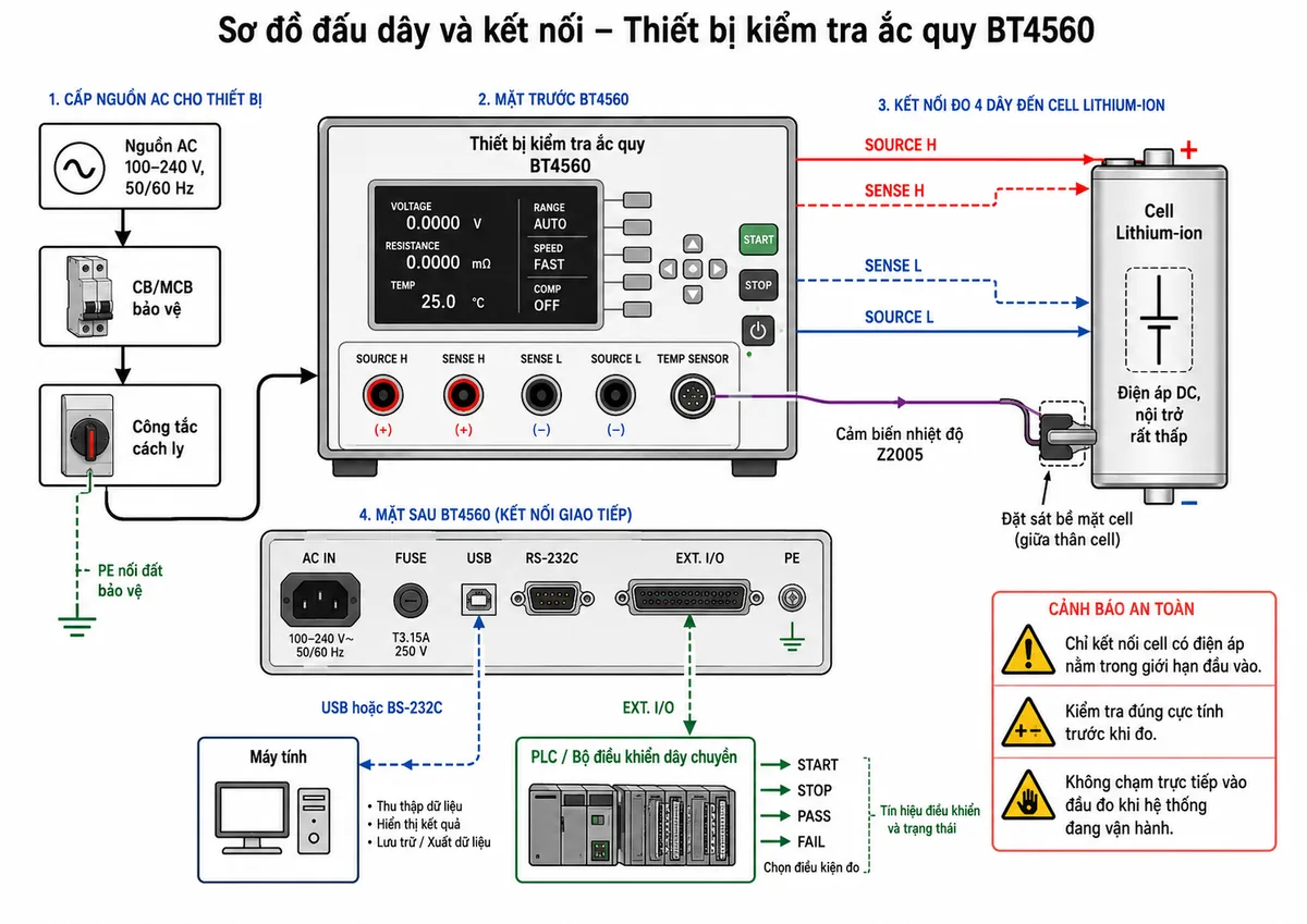 Vẽ sơ đồ đấu dây và kết nối của Thiết bị kiểm tra ắc quy HIOKI BT4560, nền trắng, bố cục ngang, nhãn tiếng Việt, phong cách kỹ thuật điện công nghiệp. Thể hiện nguồn điện lưới AC theo định mức đi qua CB hoặc MCB bảo vệ phù hợp, công tắc cách ly và dây PE nối đất bảo vệ trước khi cấp vào BT4560. Từ mặt trước thiết bị, vẽ bốn đường đo theo cấu trúc cặp bốn đầu cực gồm SOURCE H và SENSE H nối tới cực dương của cell lithium-ion, SOURCE L và SENSE L nối tới cực âm của cell; cell là đối tượng đo với điện áp DC và nội trở rất thấp. Vẽ thêm cảm biến nhiệt độ Z2005 đặt sát bề mặt cell và nối vào cổng TEMP SENSOR. Phía sau thiết bị thể hiện USB hoặc RS-232C nối máy tính, EXT. I/O nối PLC hoặc bộ điều khiển dây chuyền với các tín hiệu START, STOP, PASS, FAIL và chọn điều kiện đo. Bổ sung cảnh báo chỉ kết nối cell có điện áp nằm trong giới hạn đầu vào, kiểm tra đúng cực tính và không chạm trực tiếp vào đầu đo khi hệ thống đang vận hành.