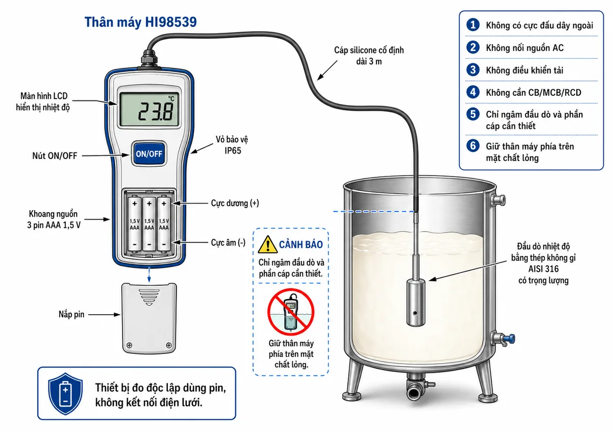Vẽ sơ đồ kết nối của nhiệt kế Hanna HI98539 trên nền trắng, bố cục ngang và nhãn tiếng Việt; thể hiện thân máy HI98539 với màn hình LCD, nút ON/OFF, khoang nguồn gồm 3 pin AAA 1,5 V và ký hiệu cực dương âm, nắp pin và vỏ bảo vệ IP65; từ thân máy nối bằng cáp silicone cố định dài 3 m tới đầu dò nhiệt độ bằng thép không gỉ AISI 316 có trọng lượng đang nhúng trong bồn sữa hoặc thùng rượu; ghi rõ thiết bị không có cực đấu dây ngoài, không nối nguồn AC, không điều khiển tải và không cần CB/MCB/RCD; bổ sung cảnh báo chỉ ngâm đầu dò và phần cáp cần thiết, giữ thân máy phía trên mặt chất lỏng.