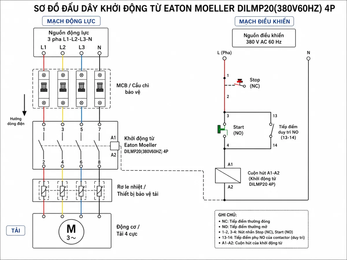 Sơ đồ đấu dây / kết nối cho Khởi động từ Eaton Moeller 158238 - DILMP20(380V60HZ) 4P, thể hiện nguồn động lực 3 pha L1-L2-L3-N đi qua MCB hoặc cầu chì bảo vệ vào bốn cực chính 1-3-5-7, đầu ra tại 2-4-6-8 đi qua rơ le nhiệt hoặc thiết bị bảo vệ tải đến động cơ/tải 4 cực; thể hiện mạch điều khiển 380 V AC 60 Hz cấp vào cuộn hút A1-A2, nút Stop thường đóng, nút Start thường mở, tiếp điểm duy trì NO, nhãn tiếng Việt cho nguồn động lực, nguồn điều khiển, tải và thiết bị bảo vệ