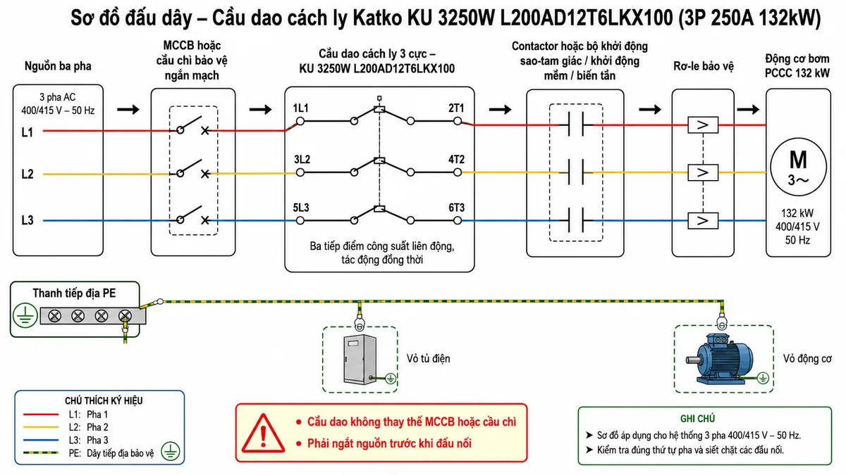 Vẽ sơ đồ đấu dây trên nền trắng, bố cục ngang cho cầu dao cách ly Katko KU 3250W L200AD12T6LKX100. Từ trái sang phải thể hiện nguồn ba pha L1-L2-L3, MCCB hoặc cầu chì bảo vệ ngắn mạch, ba cực vào 1L1-3L2-5L3 của cầu dao, ba tiếp điểm công suất liên động, ba cực ra 2T1-4T2-6T3, contactor hoặc bộ khởi động sao-tam giác/khởi động mềm/biến tần, rơ-le bảo vệ và động cơ bơm PCCC 132 kW. Vẽ mũi tên chiều công suất từ nguồn đến tải. Dây PE đi riêng từ thanh tiếp địa đến vỏ tủ và vỏ động cơ, không đi qua cầu dao. Bổ sung ghi chú cầu dao không thay thế MCCB hoặc cầu chì và phải ngắt nguồn trước khi đấu nối.