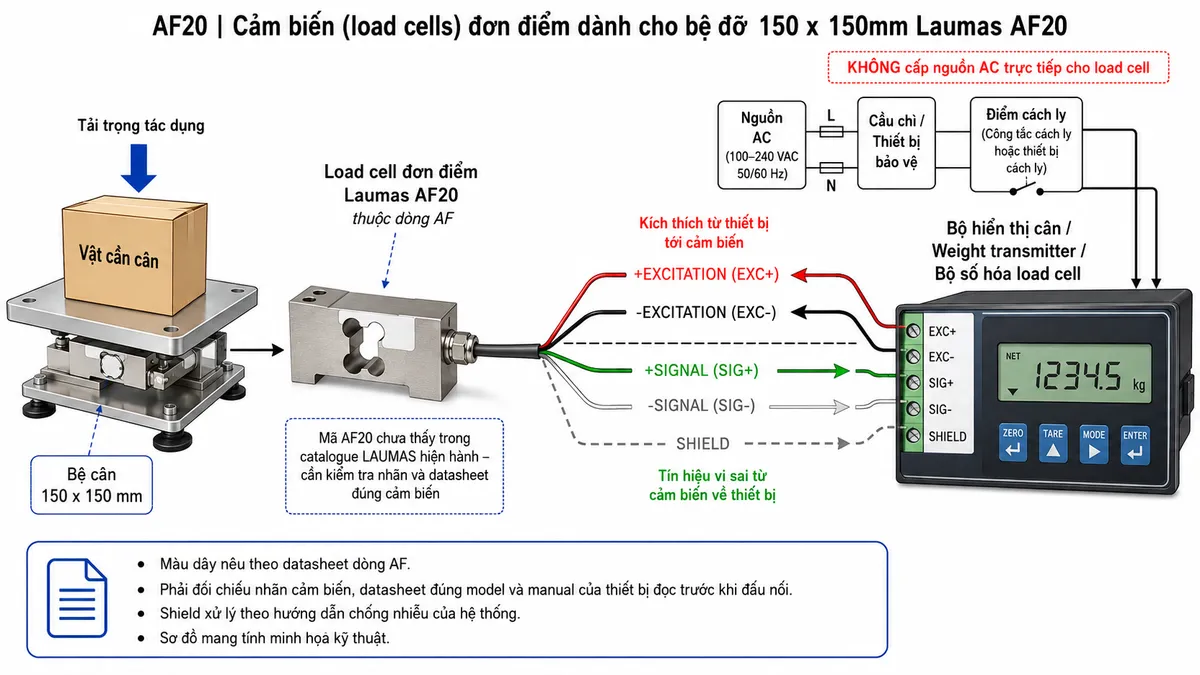 Vẽ sơ đồ đấu dây/kết nối kỹ thuật cho cảm biến được ghi mã Laumas AF20 thuộc dòng AF trên nền trắng, bố cục ngang. Bên trái là vật cần cân tác động xuống bệ cân; lực truyền vào load cell single-point ở giữa. Từ load cell đi ra cáp có các đường +EXCITATION màu đỏ, -EXCITATION màu đen, +SIGNAL màu xanh lá, -SIGNAL màu trắng và SHIELD, nối tới bộ hiển thị cân, weight transmitter hoặc bộ số hóa load cell bên phải. Thể hiện mũi tên EXC+/EXC- từ thiết bị điện tử cân cấp về cảm biến và SIG+/SIG- từ cảm biến truyền về thiết bị xử lý. Không cấp nguồn AC trực tiếp cho load cell. Vẽ riêng nguồn cấp của bộ hiển thị/transmitter đi qua cầu chì hoặc thiết bị bảo vệ và điểm cách ly trước khi vào thiết bị. Ghi chú rõ: màu dây nêu theo datasheet dòng AF; phải kiểm tra nhãn, datasheet đúng cảm biến và manual thiết bị đọc trước khi đấu nối vì mã AF20 chưa thấy trong catalogue LAUMAS hiện hành.