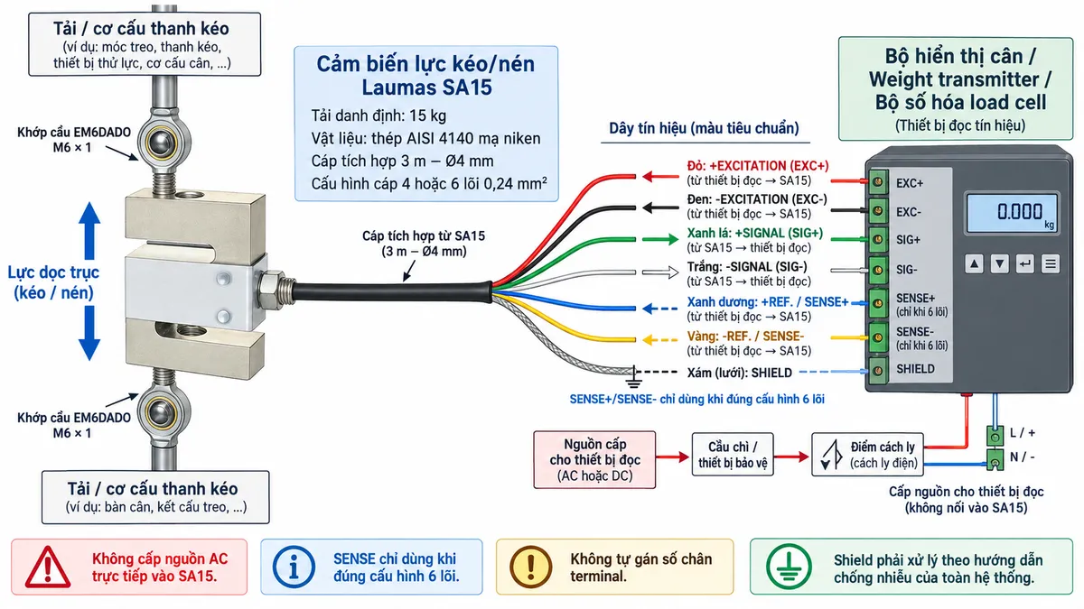 Sơ đồ đấu dây/kết nối kỹ thuật cho cảm biến lực kéo/nén Laumas SA60: bên trái là tải hoặc cơ cấu thanh kéo truyền lực dọc trục qua hai khớp cầu EM6DADO ren M6 x 1 vào SA60 tải danh định 60 kg; ở giữa thể hiện cảm biến bằng thép AISI 4140 mạ niken và cáp tích hợp dài 3 m, đường kính 4 mm, cấu hình 4 hoặc 6 lõi x 0,24 mm² cùng shield; bên phải là bộ hiển thị cân, weight transmitter hoặc bộ số hóa load cell. Thể hiện EXC+ màu đỏ và EXC- màu đen từ thiết bị đọc tới SA60, SIG+ màu xanh lá và SIG- màu trắng từ SA60 về thiết bị đọc; nếu cấu hình 6 lõi thì thêm REF/SENSE theo đúng chức năng. Vẽ riêng nguồn cấp cho thiết bị đọc qua cầu chì hoặc thiết bị bảo vệ và điểm cách ly, không cấp nguồn AC trực tiếp vào SA60; ghi chú không tự gán số chân terminal và shield phải xử lý theo hướng dẫn chống nhiễu của hệ thống.