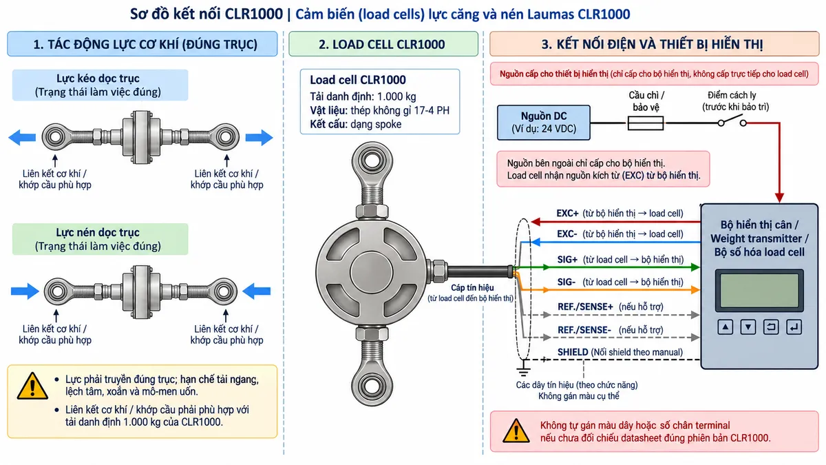 Vẽ sơ đồ đấu dây/kết nối kỹ thuật cho cảm biến lực kéo và nén Laumas CLR2000M8 trên nền trắng, bố cục ngang. Bên trái thể hiện hai tình huống “Lực kéo dọc trục” và “Lực nén dọc trục” truyền qua liên kết cơ khí hoặc khớp cầu phù hợp tới load cell CLR2000M8 tải danh định 2.000 kg. Ở giữa thể hiện cảm biến CLR2000M8 bằng thép không gỉ 17-4 PH, kết cấu dạng spoke; phần liên kết cơ khí phải ghi chú “đối chiếu bản vẽ đúng cấu hình CLR2000M8”, không tự suy đoán kích thước ren từ hậu tố M8. Từ cảm biến vẽ cáp tín hiệu đi tới thiết bị điện tử cân ở bên phải gồm “Bộ hiển thị cân / Weight transmitter / Bộ số hóa load cell”. Thể hiện các đường chức năng EXC+/EXC- từ thiết bị điện tử cấp điện áp kích thích tới load cell và SIG+/SIG- truyền tín hiệu vi sai từ load cell về thiết bị. Nếu đúng cấu hình cảm biến và thiết bị đọc có hỗ trợ sense thì thể hiện REF./SENSE+ và REF./SENSE- là đường hồi tiếp điện áp; thể hiện SHIELD và ghi chú đấu shield theo manual. Không tự gán màu dây, chiều dài cáp hoặc số chân terminal khi chưa đối chiếu datasheet đúng mã CLR2000M8. Vẽ nguồn cấp phù hợp cho bộ hiển thị hoặc weight transmitter đi qua cầu chì hoặc thiết bị bảo vệ và điểm cách ly trước khi bảo trì; nguồn ngoài chỉ cấp cho thiết bị điện tử cân, load cell nhận điện áp kích thích qua EXC. Ghi chú nổi bật: lực phải truyền đúng trục; hạn chế tải ngang, lệch tâm, xoắn và mô-men uốn; liên kết cơ khí phải được lựa chọn phù hợp với tải danh định 2.000 kg và hệ số an toàn của hệ thống.