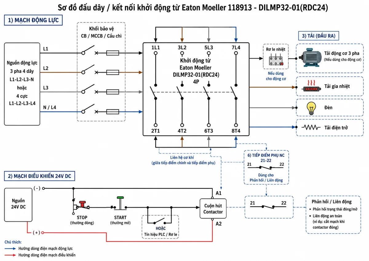 Sơ đồ đấu dây / kết nối Khởi động từ Eaton Moeller 118913 DILMP32-01(RDC24) 4P: thể hiện nguồn động lực 3 pha 4 dây L1-L2-L3-N hoặc 4 cực L1-L2-L3-L4 đi qua CB/MCCB/cầu chì vào các cực 1L1, 3L2, 5L3, 7L4; đầu ra 2T1, 4T2, 6T3, 8T4 cấp cho tải động cơ 3 pha, tải gia nhiệt, đèn hoặc tải điện trở; mạch điều khiển 24V DC đi qua nút STOP thường đóng, nút START thường mở hoặc tín hiệu PLC/rơ le đến cuộn hút A1-A2; thể hiện tiếp điểm phụ NC 21-22 dùng phản hồi/liên động và rơ le nhiệt nếu dùng cho động cơ.