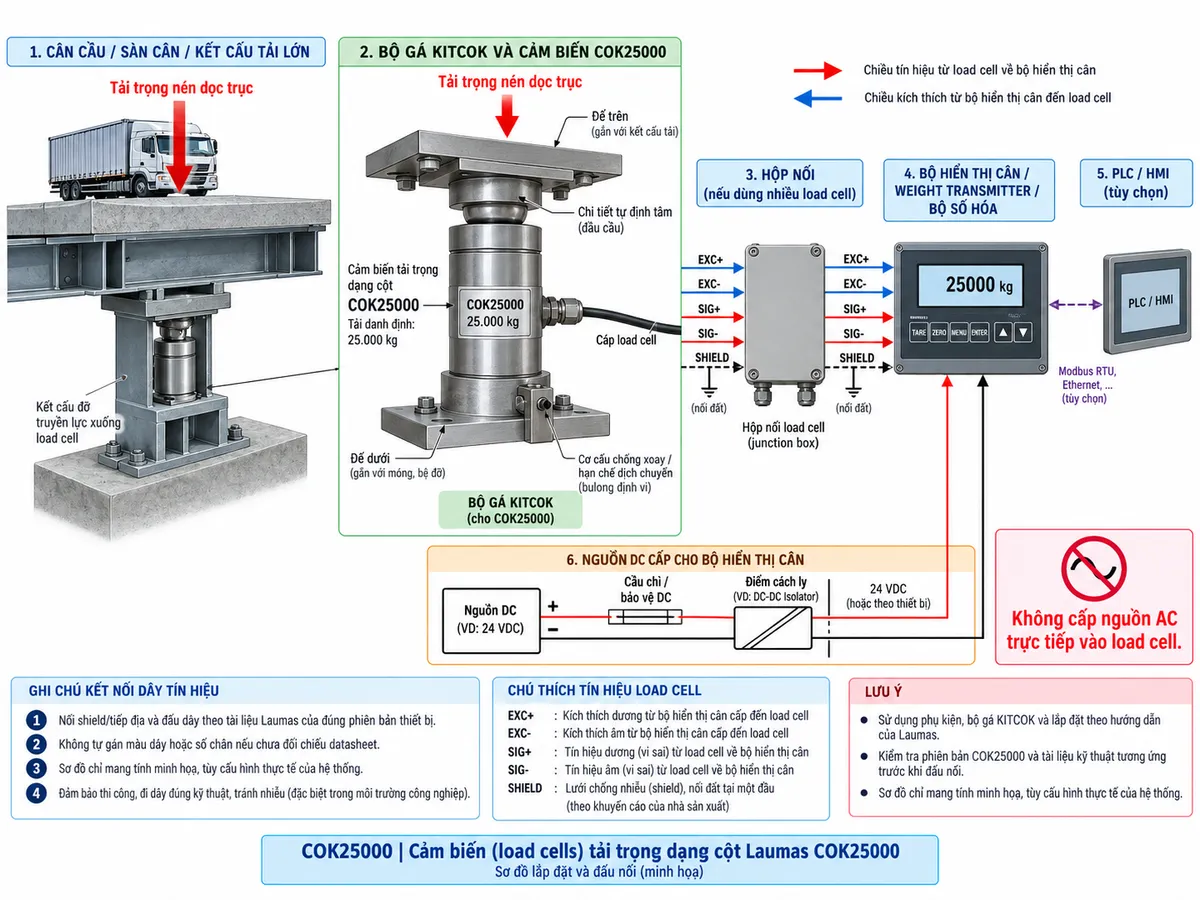 Vẽ sơ đồ đấu dây/kết nối kỹ thuật cho cảm biến tải trọng dạng cột Laumas COK25000 trên nền trắng, bố cục ngang. Bên trái thể hiện cân cầu, sàn cân hoặc kết cấu tải lớn tạo lực nén dọc trục xuống bộ gá KITCOK và load cell COK25000 tải danh định 25.000 kg ở giữa. Bộ gá KITCOK thể hiện đế trên, đế dưới, các chi tiết tự định tâm và cơ cấu chống xoay/hạn chế dịch chuyển để truyền lực đúng trục. Từ COK25000 vẽ cáp load cell tới hộp nối khi hệ thống sử dụng nhiều cảm biến, sau đó tới bộ hiển thị cân, weight transmitter hoặc bộ số hóa ở bên phải. Thể hiện EXC+ và EXC- từ thiết bị điện tử cân cấp kích thích tới cảm biến; SIG+ và SIG- truyền tín hiệu vi sai từ load cell về thiết bị; SHIELD đi cùng cáp để chống nhiễu. Không tự gán màu dây hoặc số chân nếu chưa đối chiếu datasheet đúng phiên bản COK25000. Vẽ riêng nguồn cấp cho bộ điện tử cân qua cầu chì hoặc thiết bị bảo vệ và điểm cách ly phù hợp; tuyệt đối không vẽ nguồn AC cấp trực tiếp vào load cell. Có thể thể hiện PLC/HMI nhận dữ liệu từ weight transmitter nếu thiết bị điện tử hỗ trợ giao tiếp. Ghi chú rõ: nối shield/tiếp địa và đấu dây theo tài liệu Laumas của đúng phiên bản thiết bị.