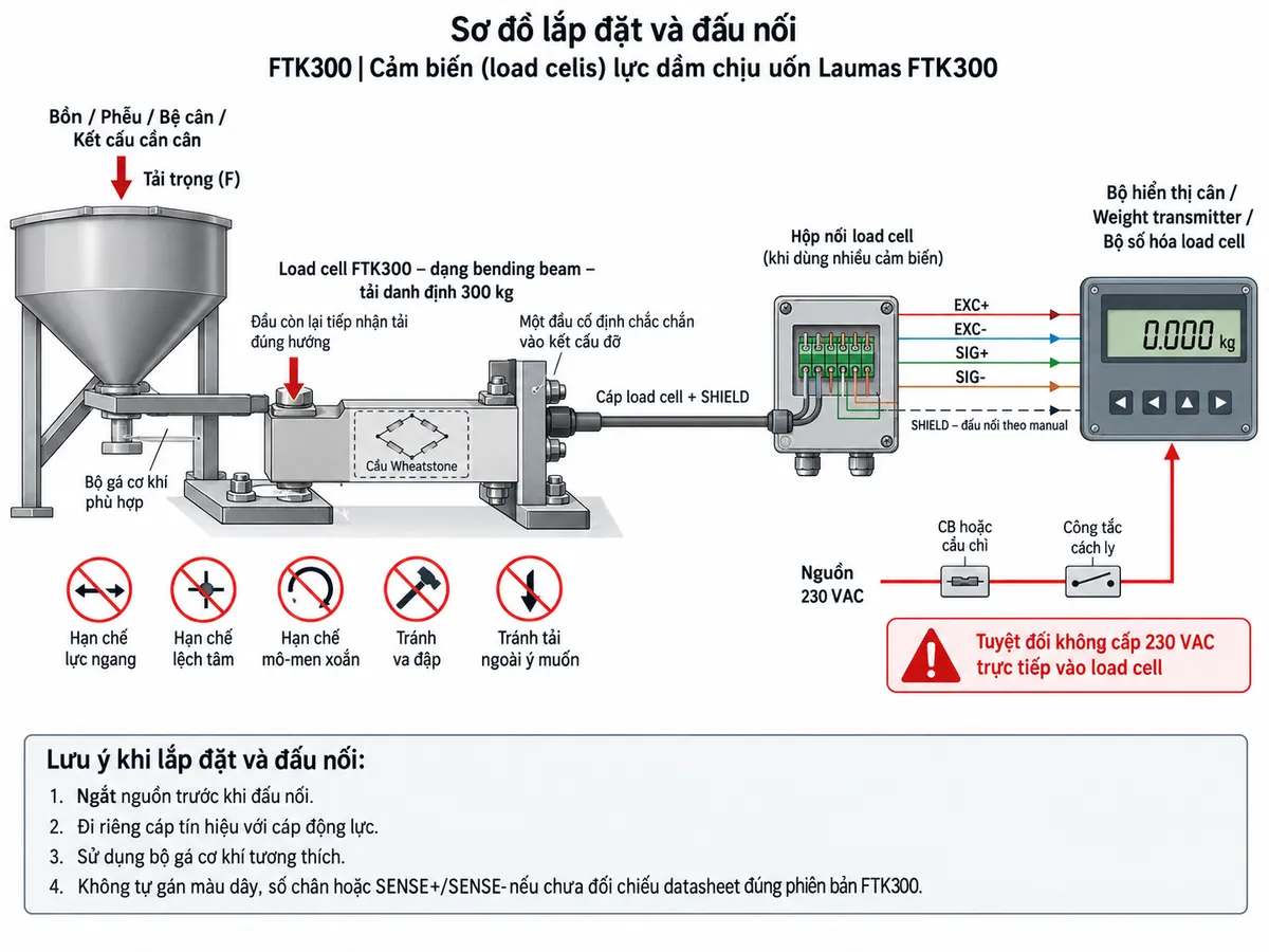 Vẽ sơ đồ đấu dây/kết nối kỹ thuật cho Laumas FTK300 trên nền trắng, bố cục ngang. Bên trái thể hiện bồn, phễu, bệ cân hoặc kết cấu cần cân truyền tải trọng theo phương thiết kế qua bộ gá cơ khí phù hợp tới load cell FTK300 tải danh định 300 kg dạng bending beam ở giữa. Thể hiện một đầu FTK300 được cố định chắc chắn vào kết cấu đỡ và đầu còn lại tiếp nhận tải theo đúng hướng; chú thích hạn chế lực ngang, lệch tâm, mô-men xoắn, va đập và tải ngoài ý muốn. Từ FTK300 vẽ cáp load cell có SHIELD tới hộp nối load cell khi sử dụng nhiều cảm biến, sau đó tới bộ hiển thị cân, weight transmitter hoặc bộ số hóa load cell. Thể hiện các đường chức năng EXC+/EXC- từ thiết bị điện tử cân cấp điện áp kích thích cho cầu Wheatstone và SIG+/SIG- truyền tín hiệu vi sai từ load cell về thiết bị đọc; SHIELD đấu theo manual. Không tự gán màu dây, số chân hoặc SENSE+/SENSE- nếu chưa đối chiếu datasheet đúng phiên bản FTK300. Nguồn điện lưới chỉ cấp cho bộ hiển thị hoặc transmitter qua CB hoặc cầu chì và công tắc cách ly phù hợp; ghi rõ tuyệt đối không cấp 230 VAC trực tiếp vào load cell. Bổ sung lưu ý ngắt nguồn trước khi đấu nối, đi riêng cáp tín hiệu với cáp động lực và sử dụng bộ gá cơ khí tương thích.