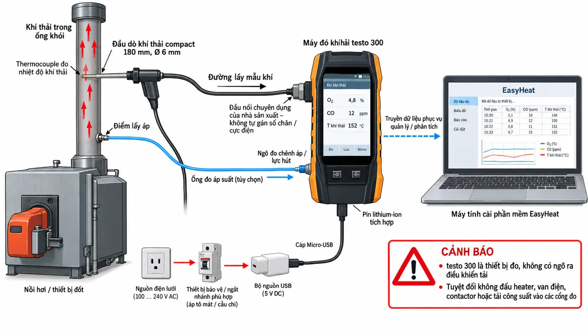 Vẽ sơ đồ đấu dây/kết nối kỹ thuật cho máy đo khí thải testo 300 kit 1 mã 0564 3002 70 trên nền trắng, bố cục ngang. Bên trái thể hiện lò hơi hoặc thiết bị đốt và ống khói; đầu dò khí thải compact dài 180 mm, đường kính 6 mm được đưa vào vùng dòng khí chính. Thể hiện thermocouple trong đầu dò đo nhiệt độ khí thải và đường lấy mẫu khí nối từ đầu dò tới máy testo 300 ở giữa bằng đầu nối chuyên dụng của nhà sản xuất, không tự gán số chân hay cực điện. Vẽ thêm nhánh tùy chọn từ điểm lấy áp của ống khói hoặc hệ thống qua ống đo áp suất tới ngõ đo chênh áp/lực hút của testo 300. Phía dưới thể hiện nguồn điện lưới qua thiết bị bảo vệ/ngắt nhánh phù hợp tới bộ nguồn USB Testo, sau đó qua cáp Micro-USB tới máy; ghi chú máy có pin lithium-ion tích hợp. Bên phải thể hiện máy tính chạy phần mềm EasyHeat nhận dữ liệu phục vụ quản lý và phân tích. Ghi rõ testo 300 là thiết bị đo, không có ngõ ra điều khiển tải và tuyệt đối không đấu heater, van điện, contactor hoặc tải công suất vào các cổng đo.