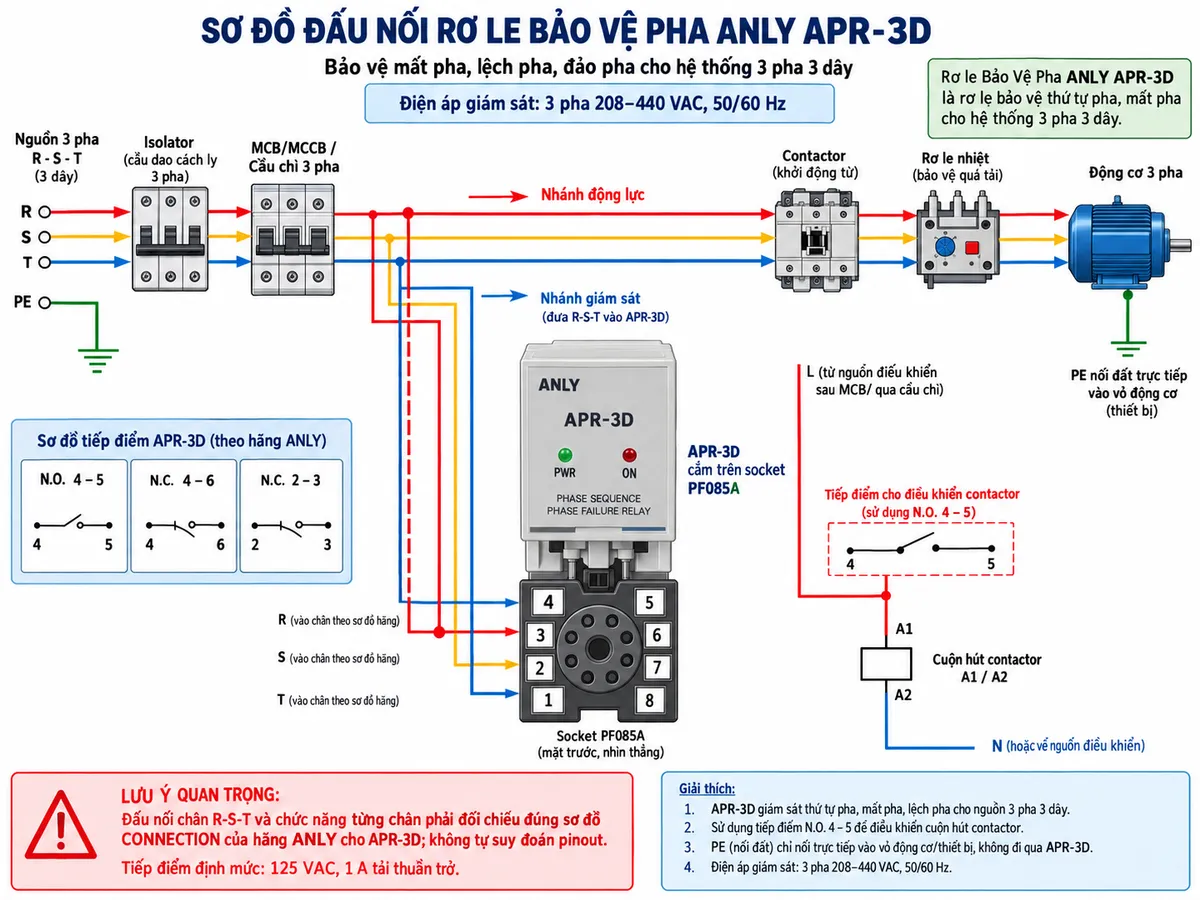 Vẽ sơ đồ đấu dây kỹ thuật cho Rơ le Bảo Vệ Pha Anly APR-3D trên nền trắng, bố cục ngang. Thể hiện nguồn điện 3 pha 3 dây R-S-T đi qua isolator và MCB/MCCB hoặc cầu chì 3 pha rồi phân thành nhánh động lực và nhánh giám sát. Nhánh động lực đi qua contactor và relay quá tải tới động cơ 3 pha; nhánh giám sát R-S-T đi vào APR-3D theo đúng sơ đồ CONNECTION của hãng trên đế 8 chân. Vẽ rõ APR-3D cắm trên socket PF085A, đánh số các chân 1-8 theo tài liệu hãng; thể hiện chính xác tiếp điểm N.O. 4-5, N.C. 4-6 và N.C. 2-3, đồng thời các đầu vào R-S-T phải bố trí đúng theo sơ đồ hãng, không tự suy đoán. Dùng tiếp điểm đầu ra phù hợp để điều khiển cuộn hút contactor; dây PE đi trực tiếp tới vỏ động cơ, không đi qua APR-3D. Thể hiện LED xanh PWR và LED đỏ ON. Ghi chú điện áp giám sát 3 pha 208-440 VAC, 50/60 Hz và tiếp điểm 125 VAC 1 A tải thuần trở.