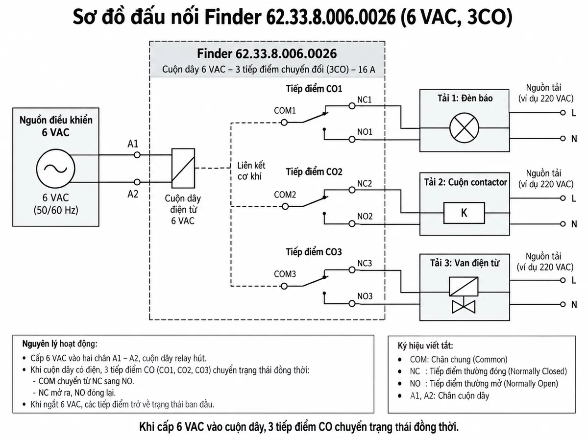 Sơ đồ đấu nối Finder 62.33.8.006.0026 với nguồn điều khiển 6 VAC, cuộn dây relay, ba tiếp điểm CO và tải điều khiển; nền trắng, bố cục ngang, chú thích tiếng Việt