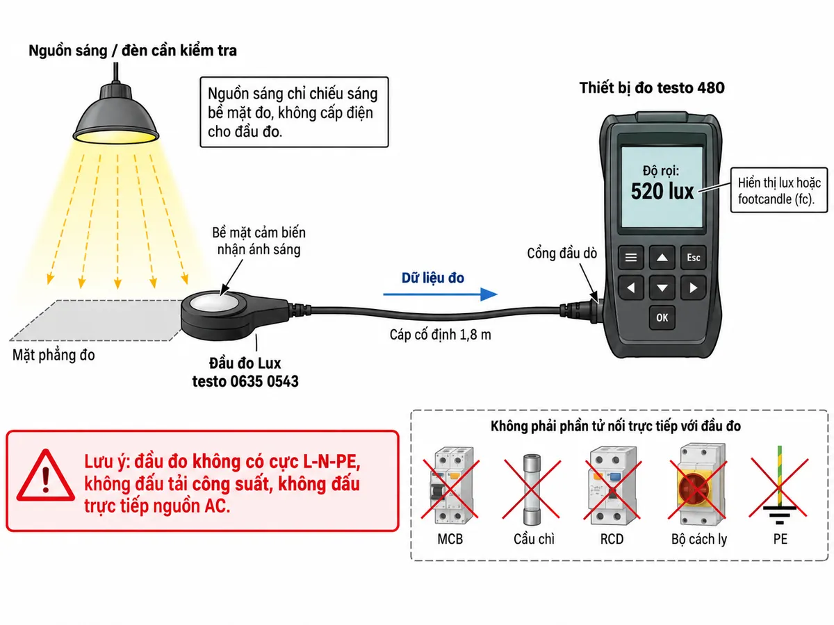 Sơ đồ kết nối đầu đo cường độ ánh sáng testo 0635 0543 trên nền trắng, bố cục ngang, chú thích tiếng Việt. Thể hiện đầu đo Lux testo 0635 0543 với bề mặt cảm biến nhận ánh sáng, cáp cố định dài 1,8 m nối trực tiếp tới cổng đầu dò của thiết bị testo 480; testo 480 tiếp nhận dữ liệu và hiển thị giá trị độ rọi theo lux hoặc footcandle. Vẽ riêng nguồn sáng hoặc đèn cần kiểm tra chiếu ánh sáng tới mặt phẳng đo, nhưng thể hiện rõ nguồn sáng không cấp điện cho đầu dò. Ghi chú rõ đầu dò không có cực L-N-PE, không đấu tải công suất và không đấu trực tiếp nguồn AC; MCB, cầu chì, RCD, bộ cách ly và PE không phải phần tử nối trực tiếp với đầu đo này.