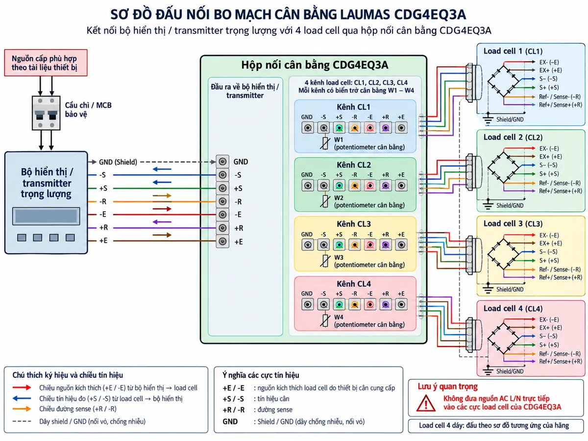 Sơ đồ đấu dây/kết nối kỹ thuật của bo mạch đấu nối song song Laumas CDG43A trên nền trắng, bố cục ngang, chú thích tiếng Việt. Ở giữa là hộp nối CDG43A với đầu ra về bộ hiển thị/transmitter và bốn kênh load cell CL1, CL2, CL3, CL4; tại đầu ra và từng kênh thể hiện đúng các cực GND, -S, +S, -R, -E, +R, +E. Bên phải vẽ các load cell cầu Wheatstone, thể hiện EX-/EX+, S-/S+ và Ref./Sense khi sử dụng load cell 6 dây; thêm chú thích load cell 4 dây đấu theo cấu hình tương ứng trong tài liệu Laumas. Bên trái là “Bộ hiển thị / transmitter trọng lượng”, nối với CDG43A qua GND, -S, +S, -R, -E, +R, +E; ghi rõ +E/-E là nguồn kích thích, +S/-S là tín hiệu cân, +R/-R là Ref./Sense, GND là shield. Nguồn cấp cho bộ hiển thị/transmitter đi qua cầu chì hoặc MCB bảo vệ phù hợp theo tài liệu thiết bị; không ghi định mức chưa xác định và nhấn mạnh CDG43A không nhận trực tiếp nguồn AC L/N tại các cực load cell. Dùng mũi tên rõ chiều từ transmitter qua excitation đến hộp nối và load cell, tín hiệu S+/S- từ load cell quay về CDG43A rồi về transmitter. Không vẽ potentiometer W1-W4 vì CDG43A là phiên bản mạch đấu nối song song, không phải phiên bản cân bằng.
