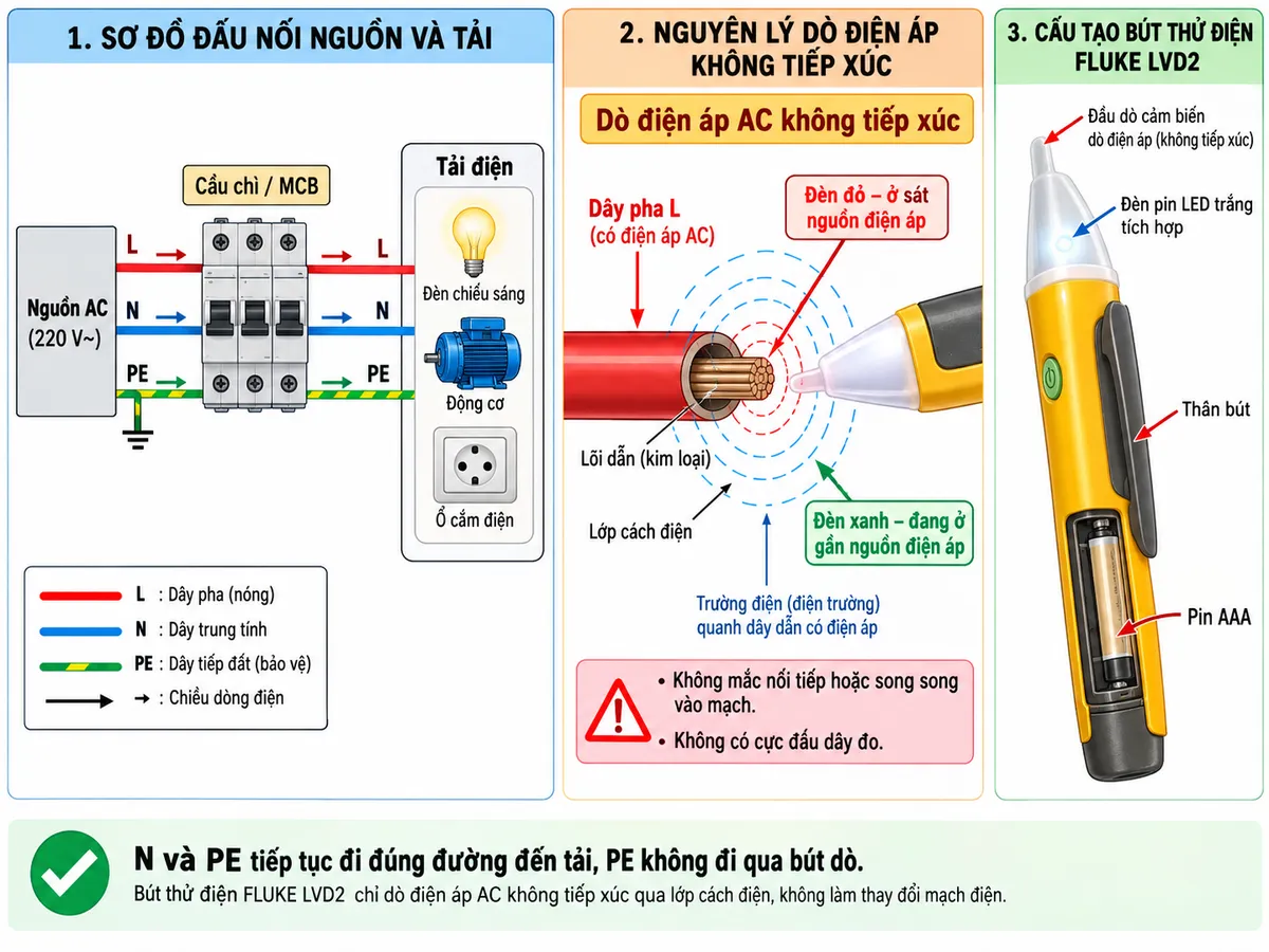 Sơ đồ kết nối kỹ thuật của Bút thử điện FLUKE LVD2 trên nền trắng, bố cục ngang, chú thích tiếng Việt. Bên trái thể hiện nguồn AC gồm L-N-PE đi qua cầu chì hoặc MCB rồi cấp tới tải điện; dùng mũi tên chỉ chiều cấp nguồn từ nguồn qua thiết bị bảo vệ đến tải. Ở giữa phóng to dây pha L có lớp cách điện, đặt đầu cảm biến của FLUKE LVD2 đến gần dây dẫn hoặc đầu cực cần kiểm tra nhưng không chạm lõi kim loại. Thể hiện vùng phát hiện hai mức bằng “Đèn xanh – đang ở gần nguồn điện áp” và “Đèn đỏ – ở sát nguồn điện áp”. Bên phải thể hiện thân bút với nguồn pin AAA và đèn pin LED trắng tích hợp. Ghi rõ “Dò điện áp AC không tiếp xúc”, “Không mắc nối tiếp hoặc song song vào mạch”, “Không có cực đấu dây đo”; N và PE tiếp tục đi đúng đường đến tải, PE không đi qua bút dò.
