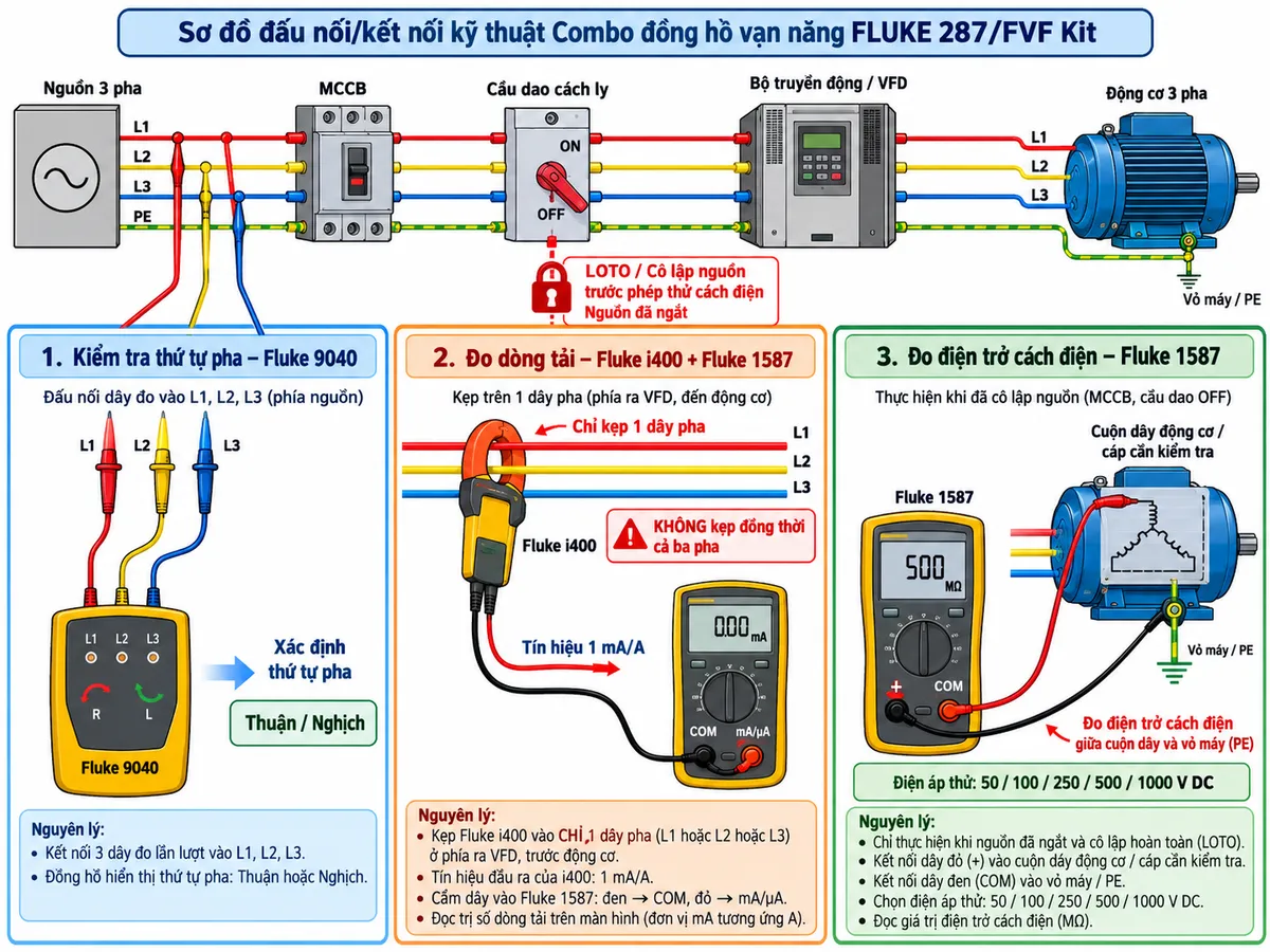 Sơ đồ đấu nối/kết nối kỹ thuật của Combo FLUKE 1587/MDT trên nền trắng, bố cục ngang. Bên trái là nguồn 3 pha L1-L2-L3-PE đi qua MCCB và cầu dao cách ly tới bộ truyền động/VFD và động cơ 3 pha. Thể hiện ba nhánh kiểm tra riêng: nhánh 1 Fluke 9040 với ba đầu đo nối lần lượt L1, L2, L3 để xác định thứ tự pha; nhánh 2 Fluke i400 kẹp quanh duy nhất một dây pha ở phía tải, hai đầu banana của i400 nối tới ngõ đo phù hợp của Fluke 1587, ghi rõ tín hiệu 1 mA/A và tuyệt đối không kẹp đồng thời cả ba pha; nhánh 3 dùng Fluke 1587 đo điện trở cách điện khi nguồn đã ngắt và cô lập, một đầu đo nối cuộn dây động cơ/cáp cần kiểm tra, đầu còn lại nối vỏ máy/PE, ghi rõ điện áp thử 50/100/250/500/1000 V. Có ký hiệu LOTO/cô lập nguồn trước phép thử cách điện, mũi tên luồng đo rõ ràng, PE không đi xuyên qua thiết bị đo, chú thích tiếng Việt, phong cách điện công nghiệp.