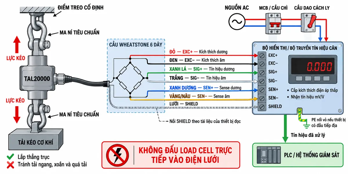 Sơ đồ đấu dây và kết nối cảm biến lực căng Laumas TAL20000 trên nền trắng, bố cục ngang, nhãn hoàn toàn bằng tiếng Việt. Bên trái thể hiện điểm treo cố định, hai ma ní tiêu chuẩn và TAL20000 lắp thẳng trục với tải kéo cơ khí tối đa theo thiết kế; có hai mũi tên lực kéo ngược chiều, ghi chú tránh tải ngang, xoắn và quá tải. Ở giữa thể hiện cầu Wheatstone sáu dây của load cell: dây đỏ nối kích thích dương EXC+, dây đen nối kích thích âm EXC−, dây xanh lá nối tín hiệu dương SIG+, dây trắng nối tín hiệu âm SIG−, dây xanh dương nối sense dương SEN+, dây vàng hoặc nâu nối sense âm SEN− và dây lưới nối SHIELD. Bên phải là bộ hiển thị hoặc bộ truyền tín hiệu cân Laumas, cấp nguồn kích thích điện áp thấp cho cảm biến, nhận tín hiệu mV/V và xuất tín hiệu đã xử lý đến PLC hoặc hệ thống giám sát. Thể hiện nguồn AC của bộ hiển thị đi qua MCB hoặc cầu chì và cầu dao cách ly phù hợp; PE nối vỏ thiết bị nếu thiết bị có đầu tiếp địa. Ghi rõ không đấu load cell trực tiếp vào điện lưới và thực hiện nối SHIELD theo tài liệu của thiết bị đọc.